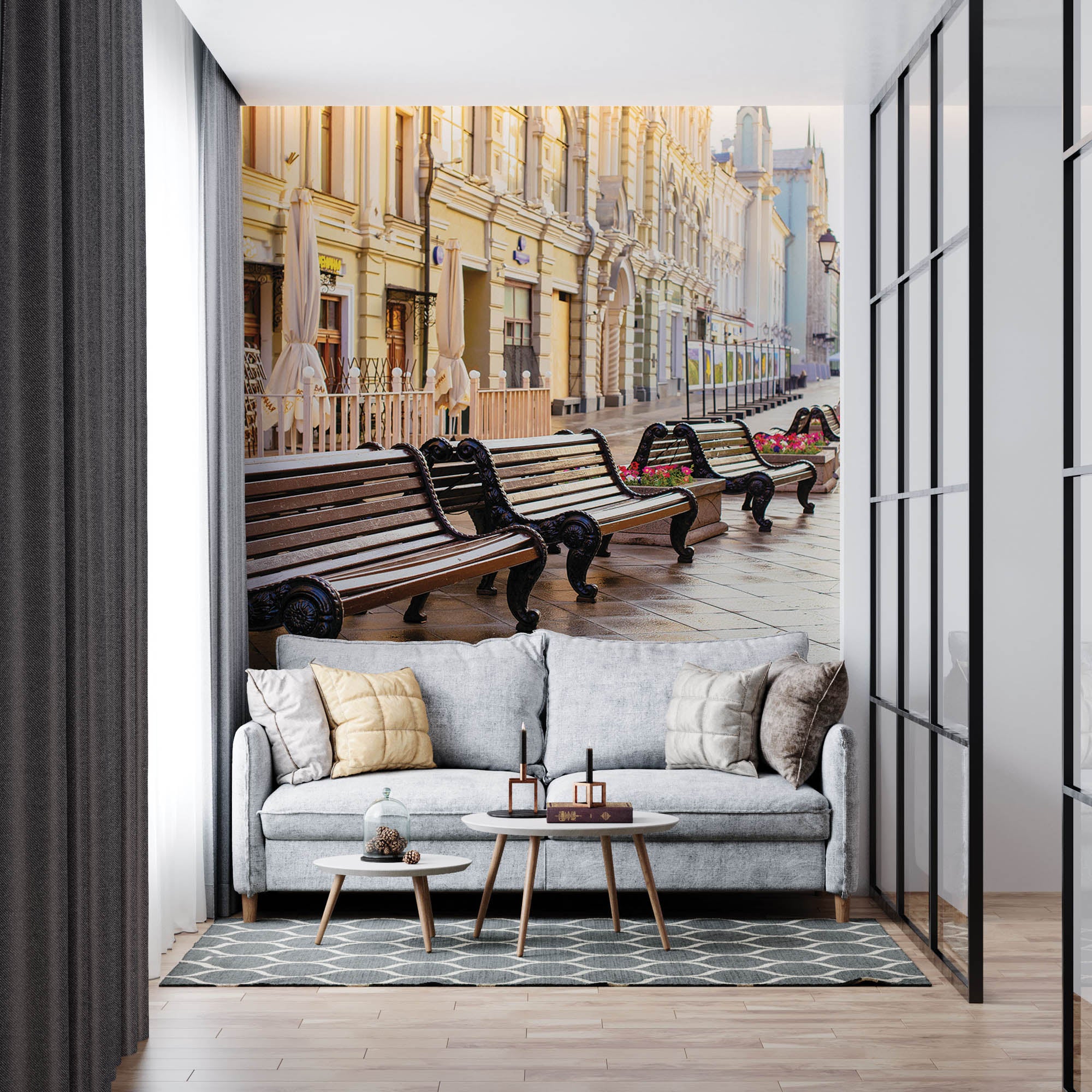 Lege straat met vele bankjes in Moskou  - LW00376 Fotobehang