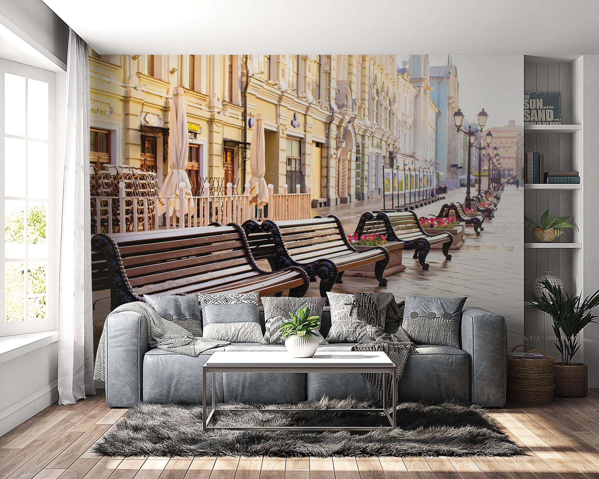 Lege straat met vele bankjes in Moskou  - LW00376 Fotobehang
