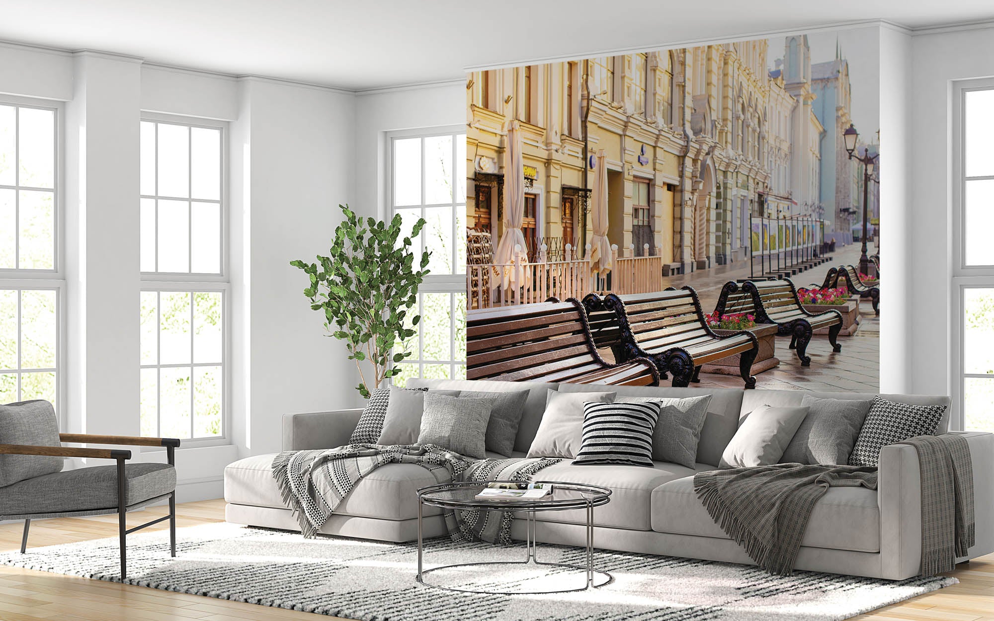 Lege straat met vele bankjes in Moskou  - LW00376 Fotobehang