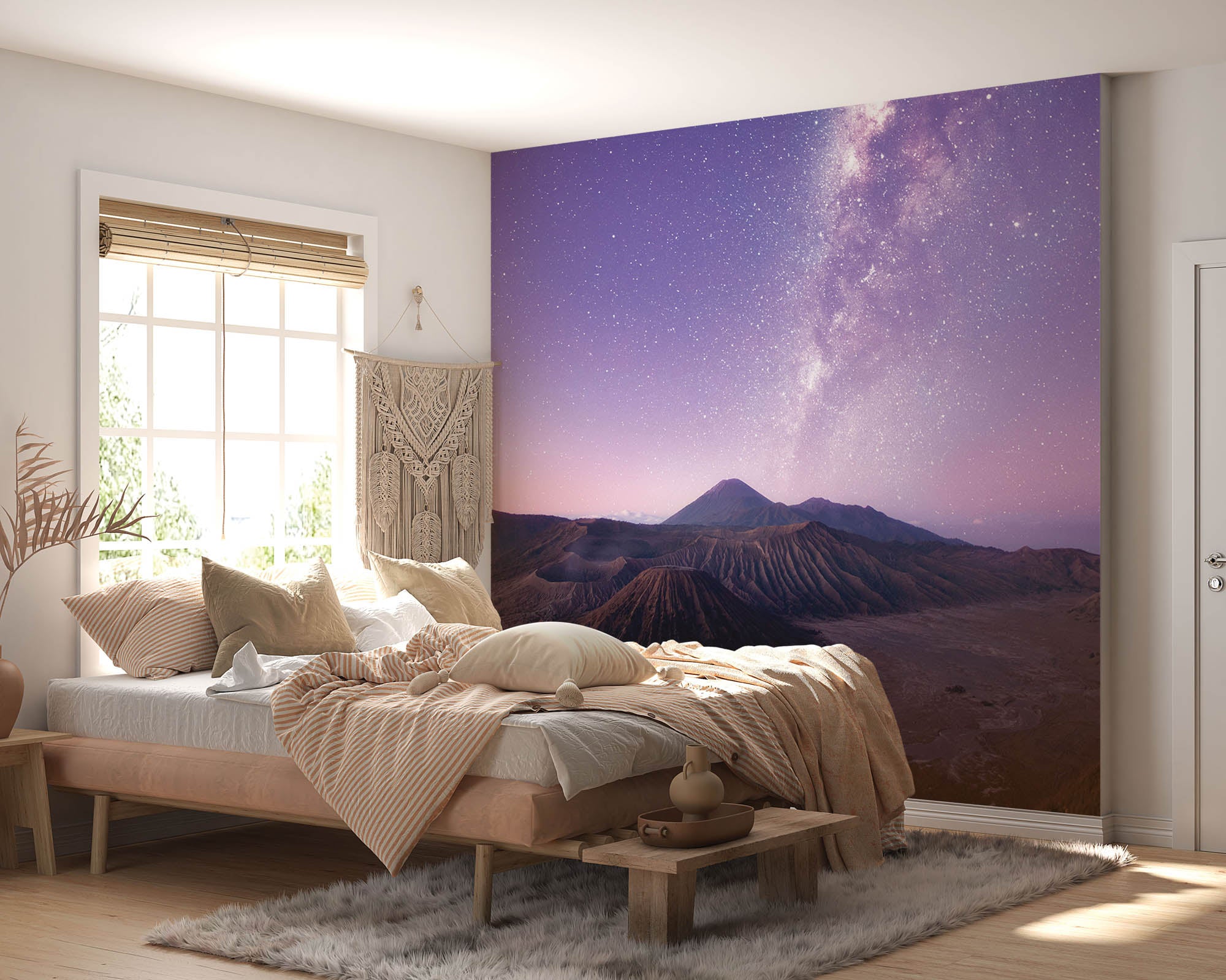 Melkweg en bergen in rood paarse kleuren - LW00285 Fotobehang