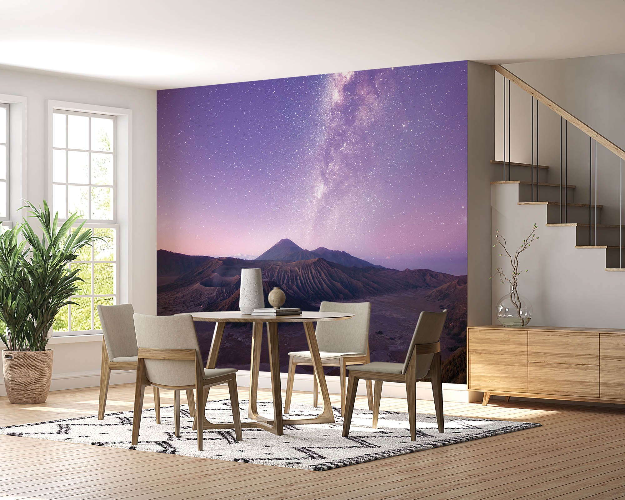 Melkweg en bergen in rood paarse kleuren - LW00285 Fotobehang