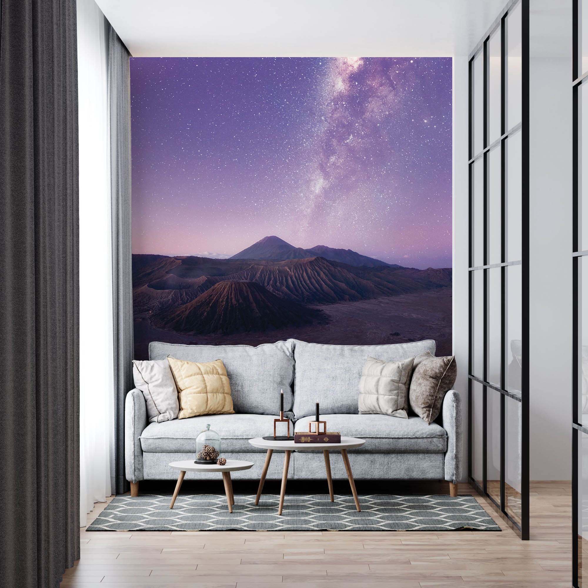 Melkweg en bergen in rood paarse kleuren - LW00285 Fotobehang