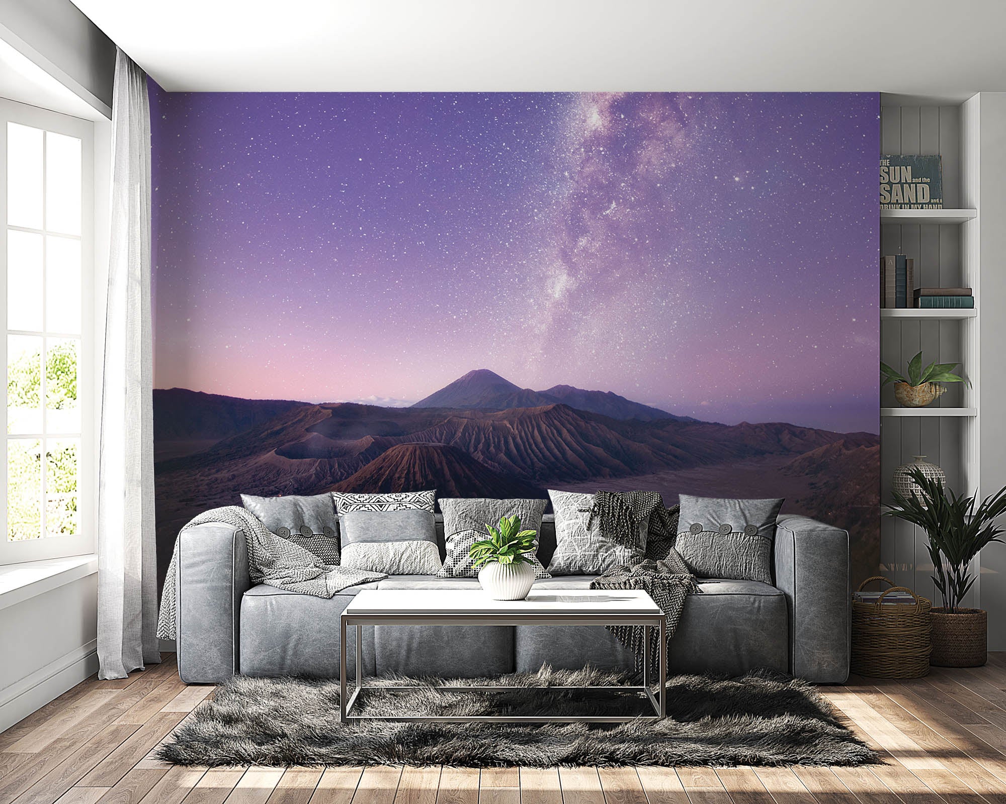 Melkweg en bergen in rood paarse kleuren - LW00285 Fotobehang