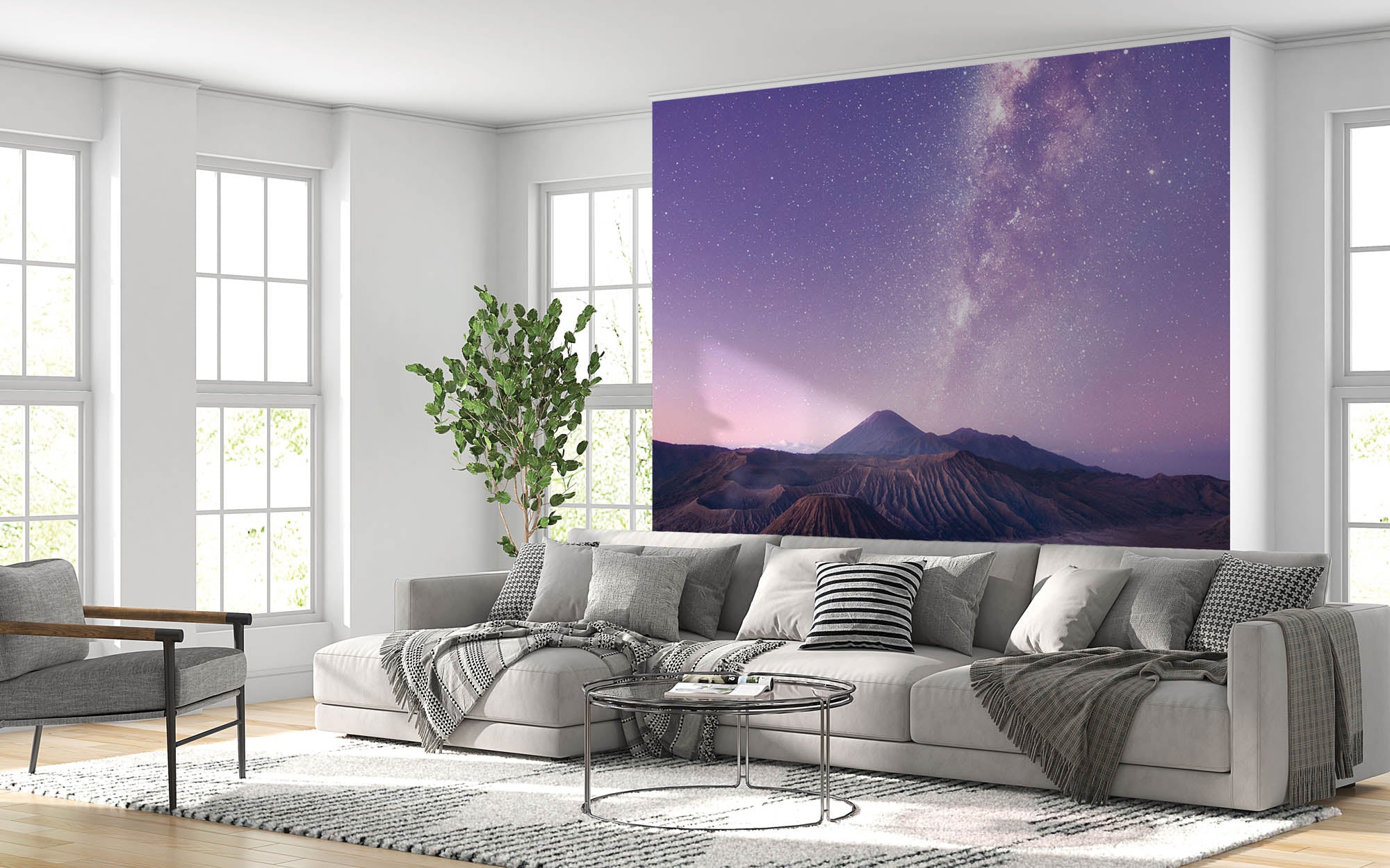 Melkweg en bergen in rood paarse kleuren - LW00285 Fotobehang