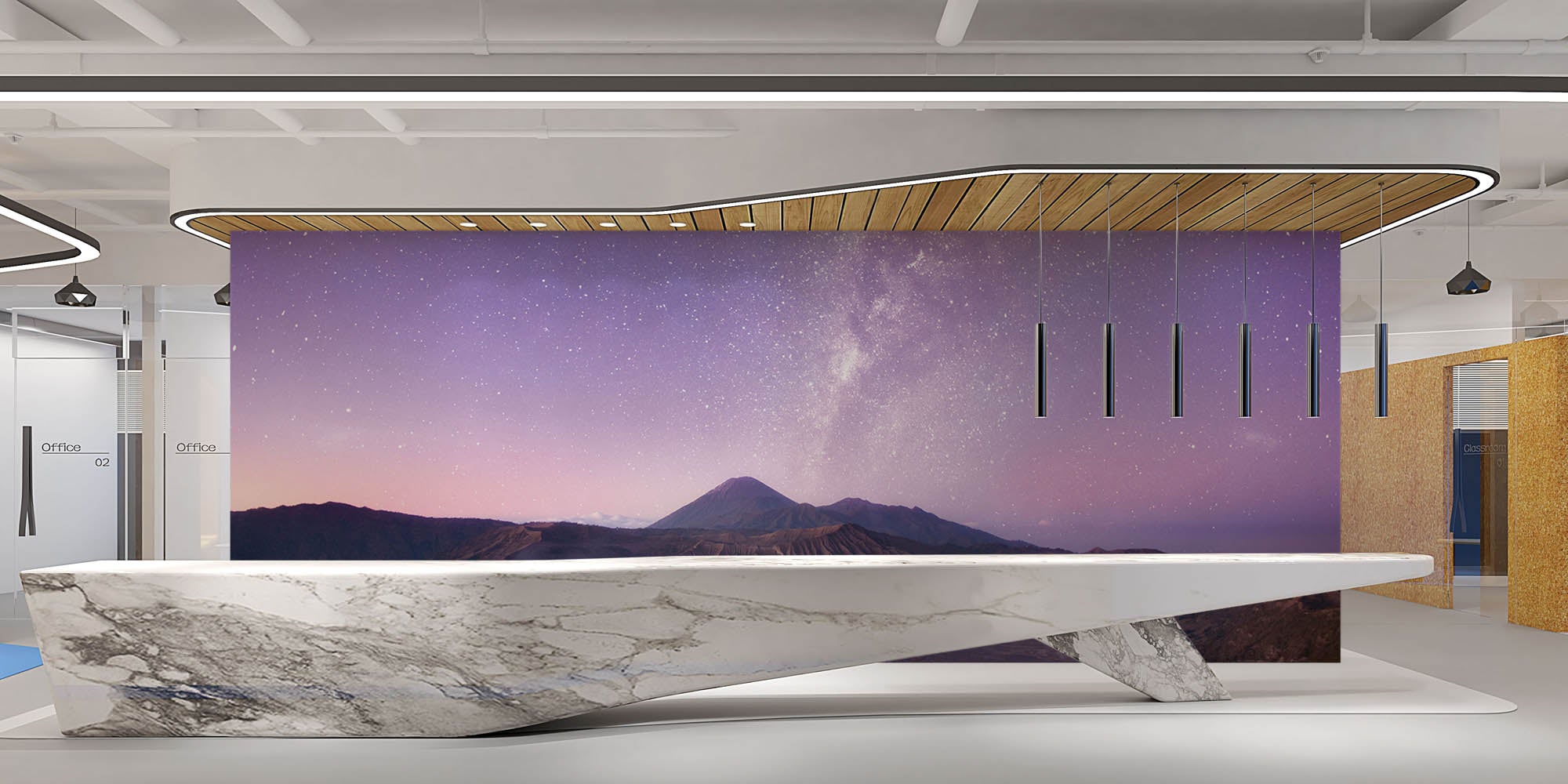 Melkweg en bergen in rood paarse kleuren - LW00285 Fotobehang