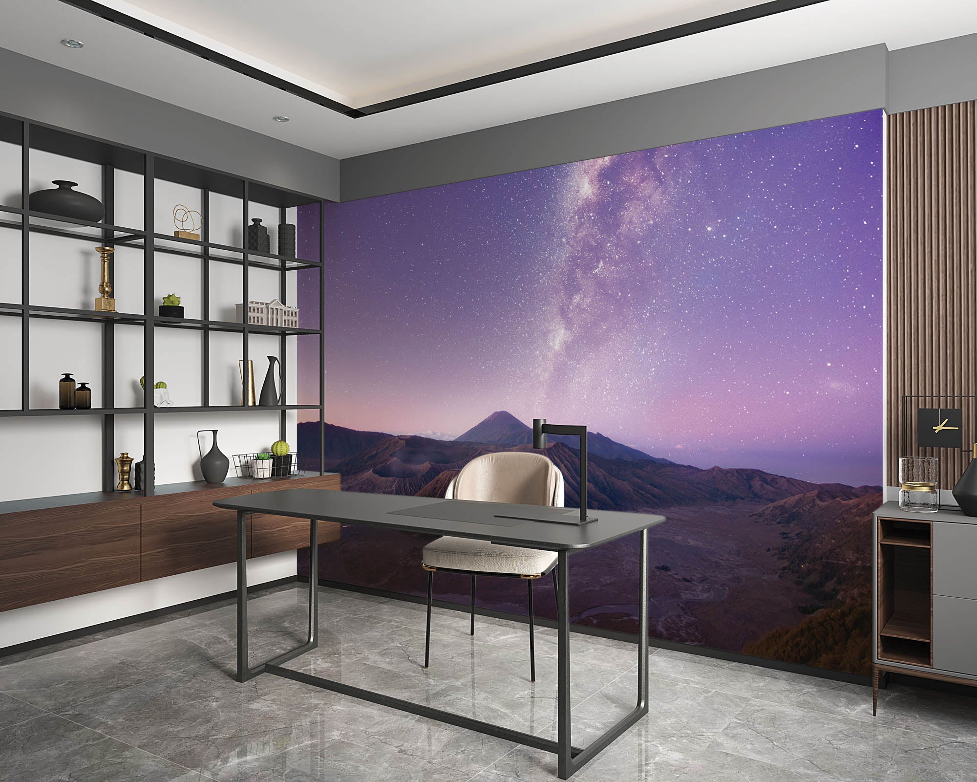 Melkweg en bergen in rood paarse kleuren - LW00285 Fotobehang