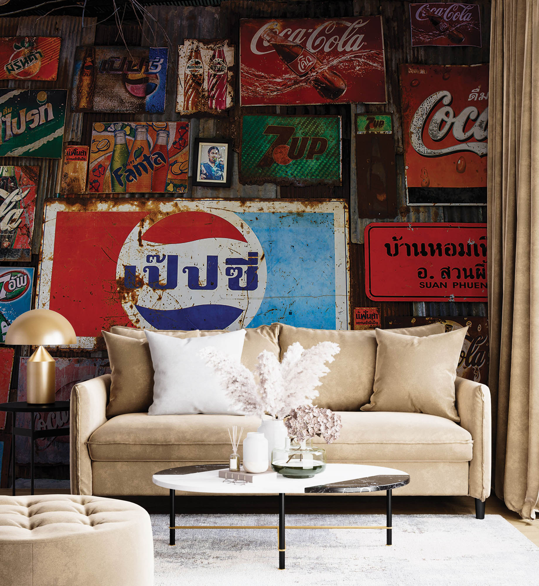 Muur met vintage logo's frisdranken - LW00426 Fotobehang