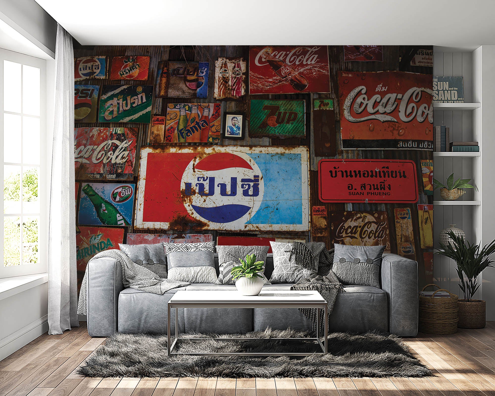 Muur met vintage logo's frisdranken - LW00426 Fotobehang