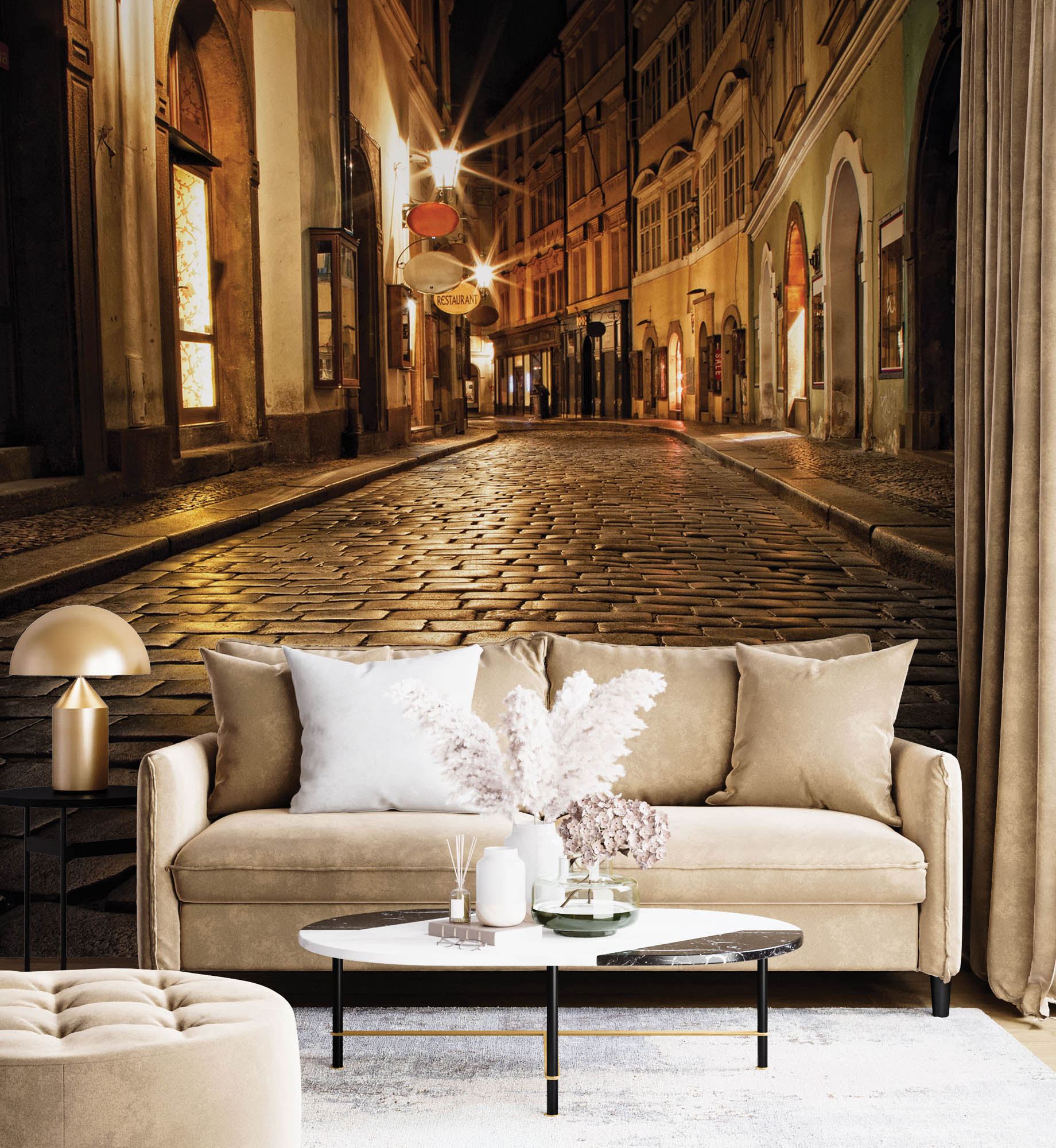 Nauwe verlichte steeg in Praag - LW00346 Fotobehang