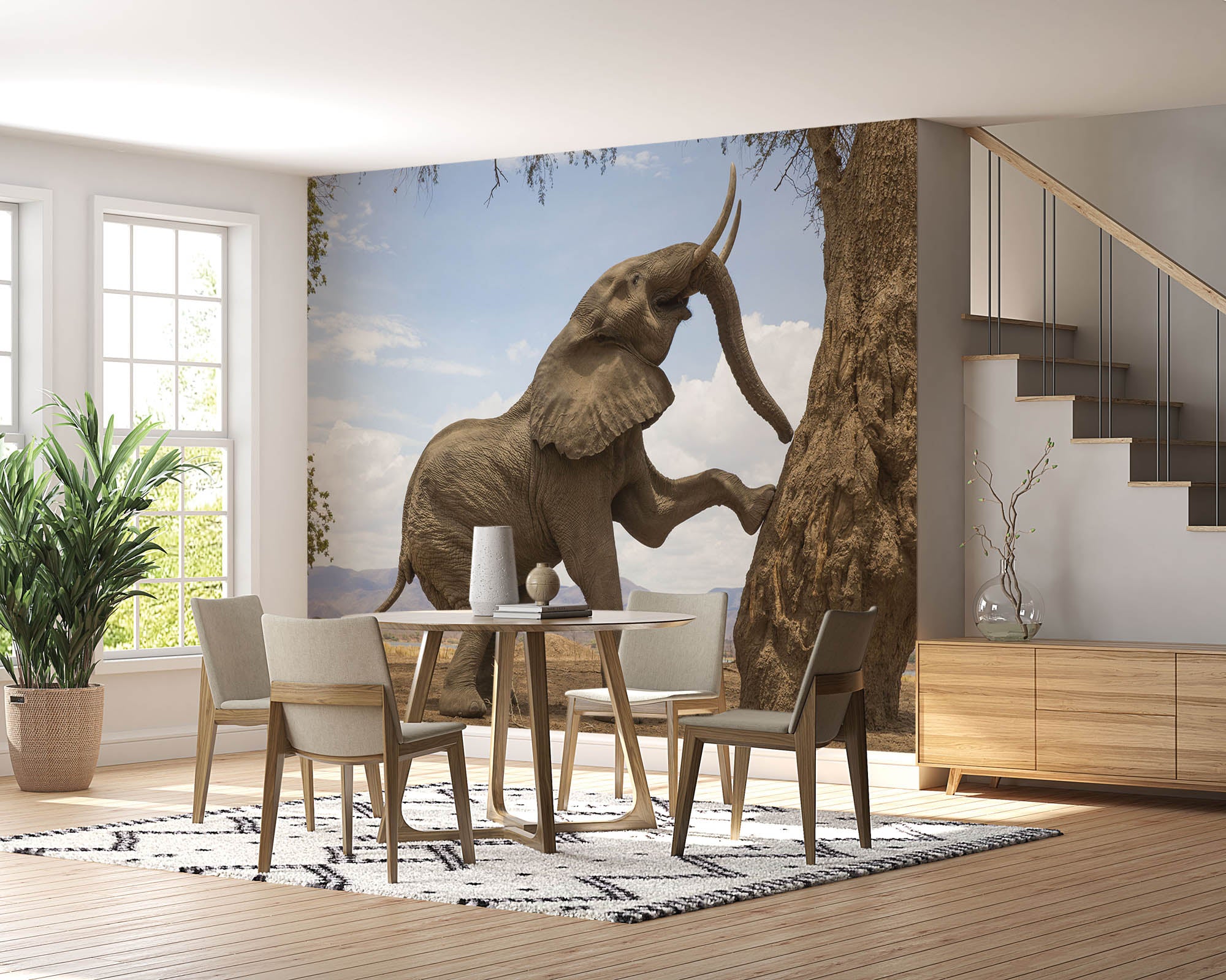 Olifant klimmend tegen boom - LW00165 Fotobehang