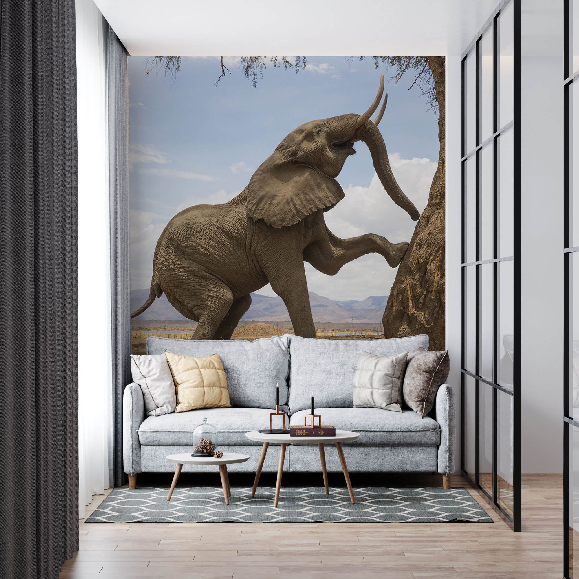Olifant klimmend tegen boom - LW00165 Fotobehang