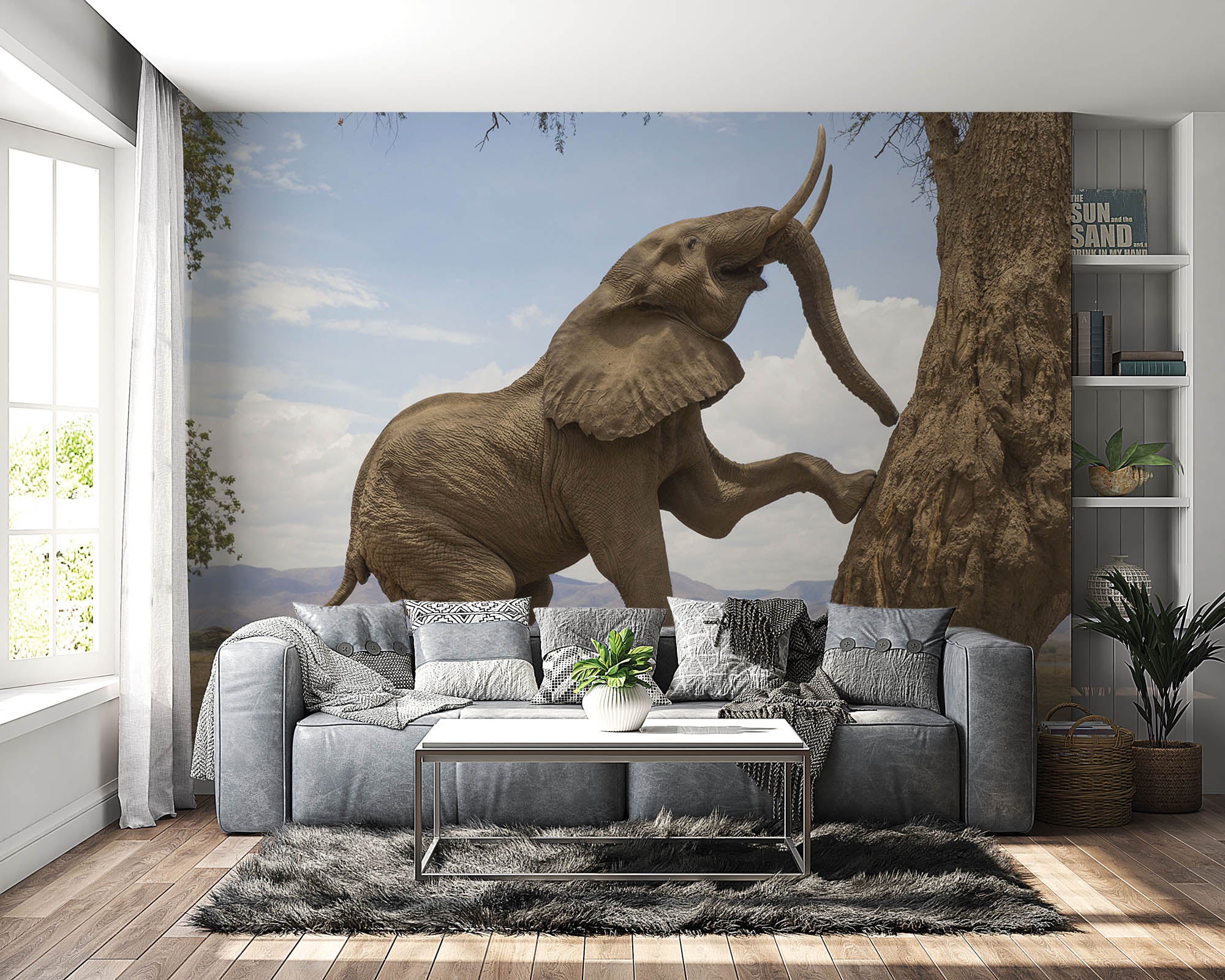 Olifant klimmend tegen boom - LW00165 Fotobehang