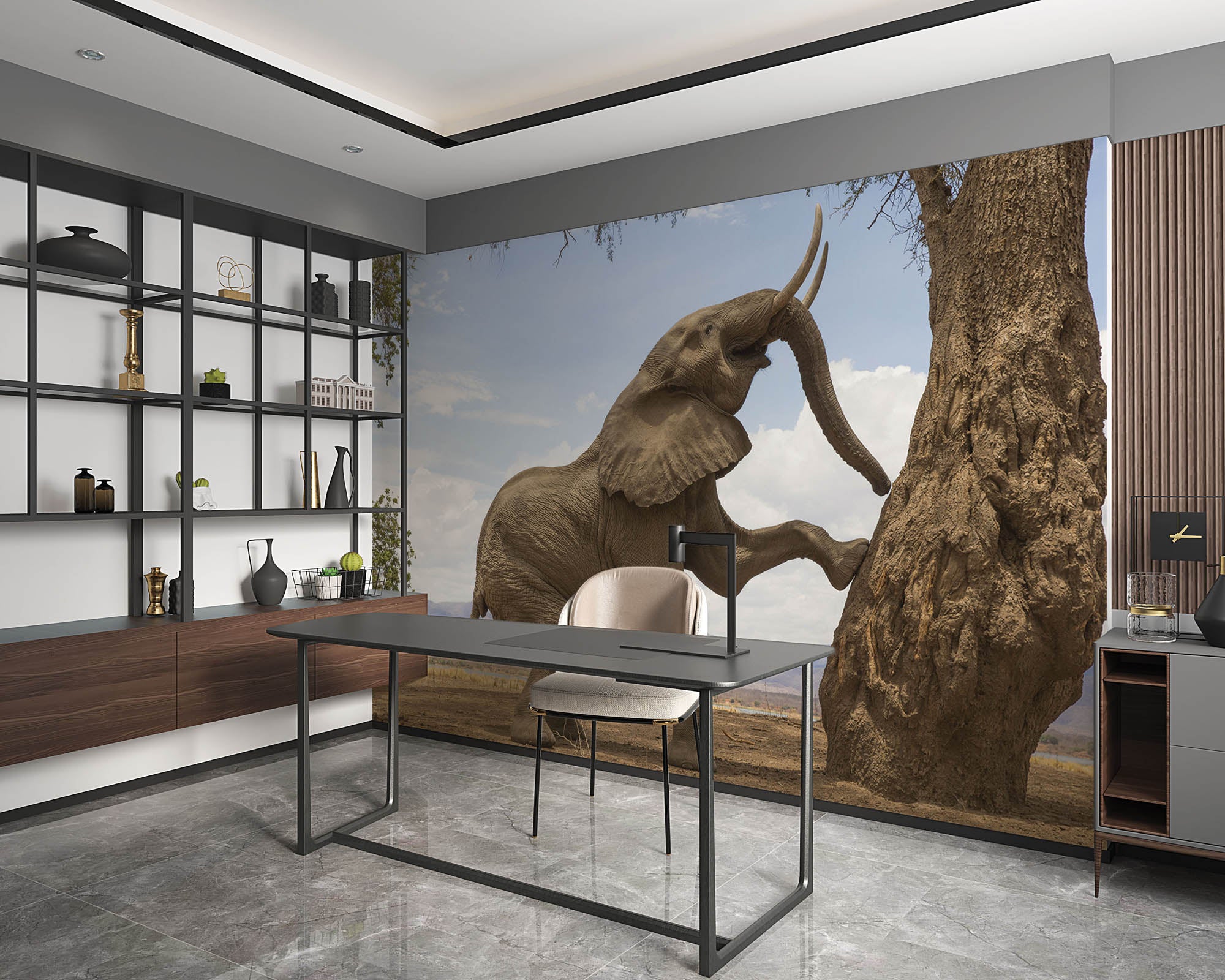 Olifant klimmend tegen boom - LW00165 Fotobehang