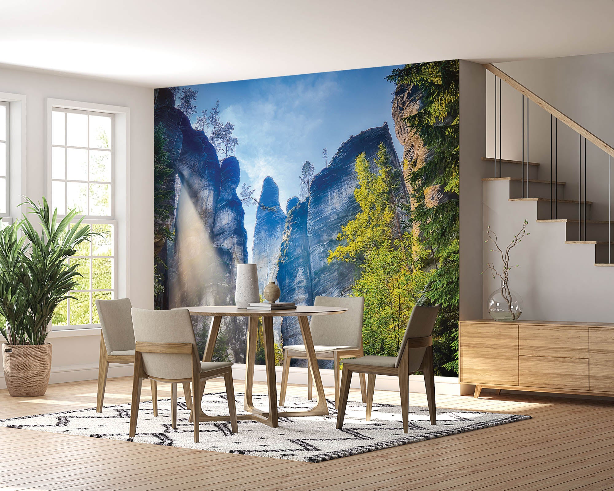 Onderaanzicht van de bergen met blik naar de blauwe lucht. - LW00277 Fotobehang