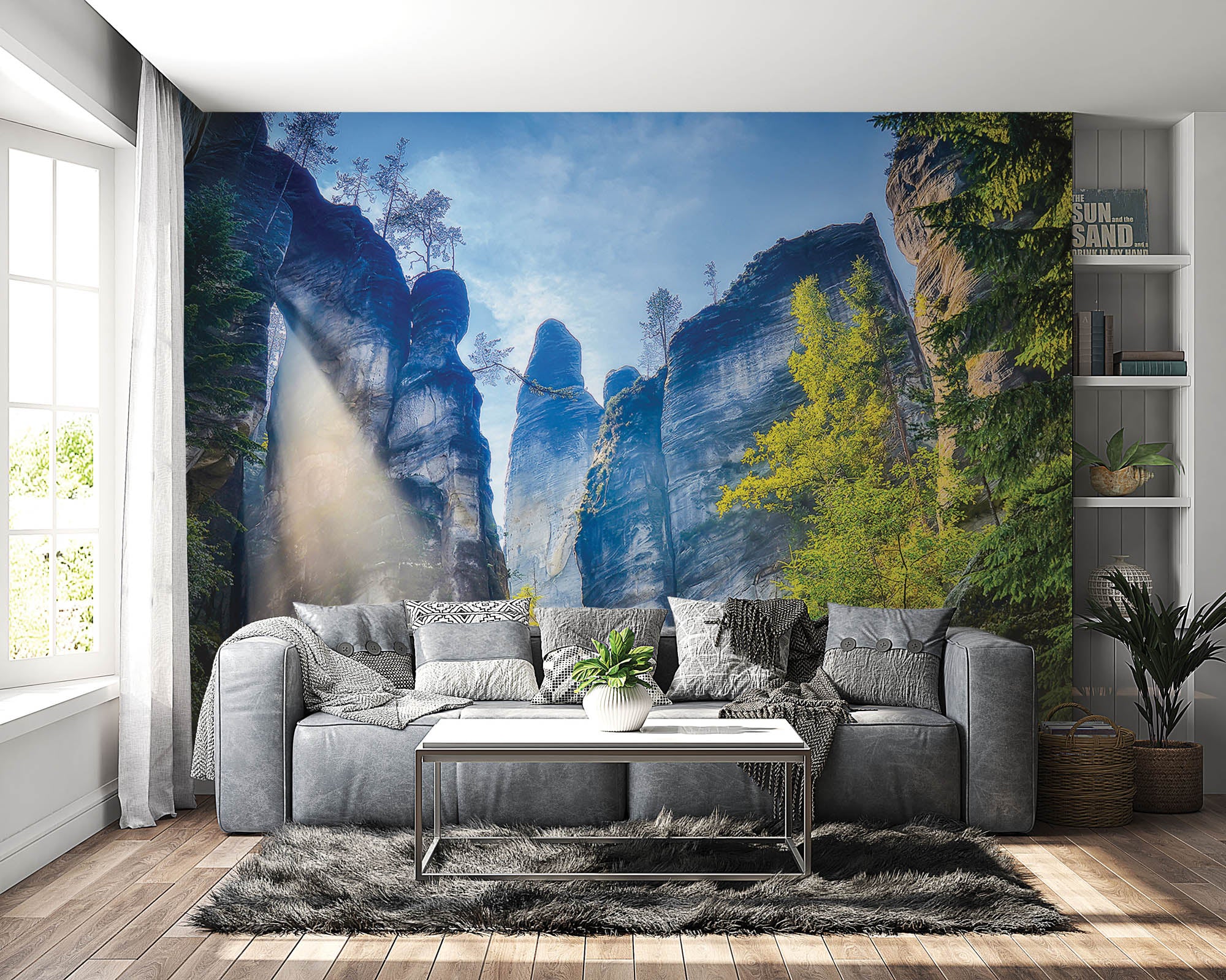 Onderaanzicht van de bergen met blik naar de blauwe lucht. - LW00277 Fotobehang