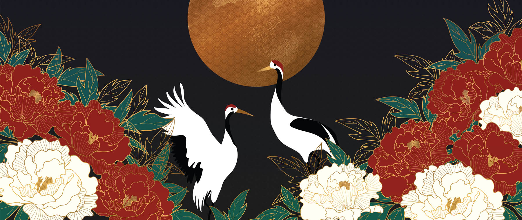 Oosterse Kraanvogels & Pioenrozen - LW00659 Fotobehang