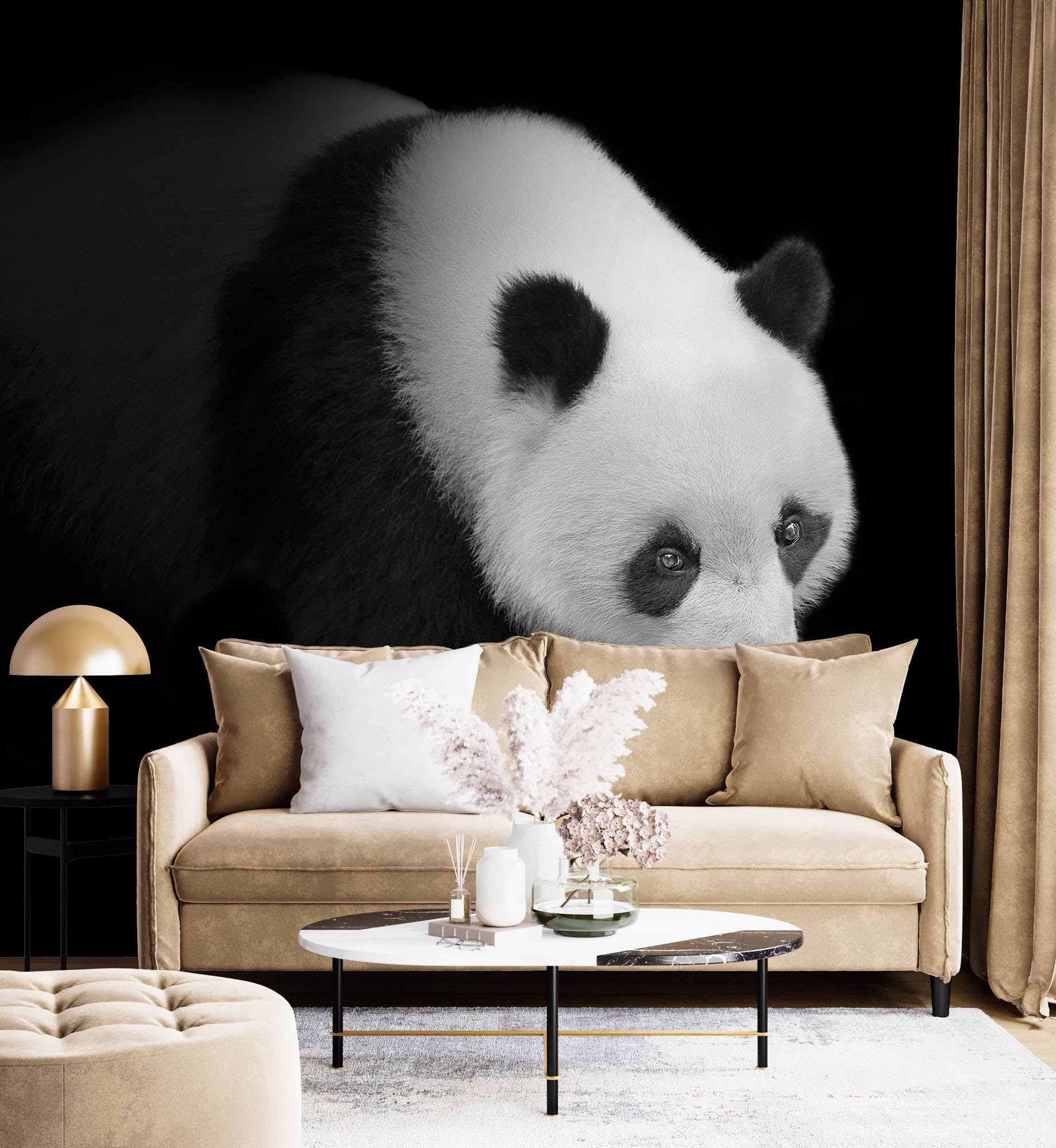 Pandabeer lopend vanuit het donker   - LW00240 Fotobehang