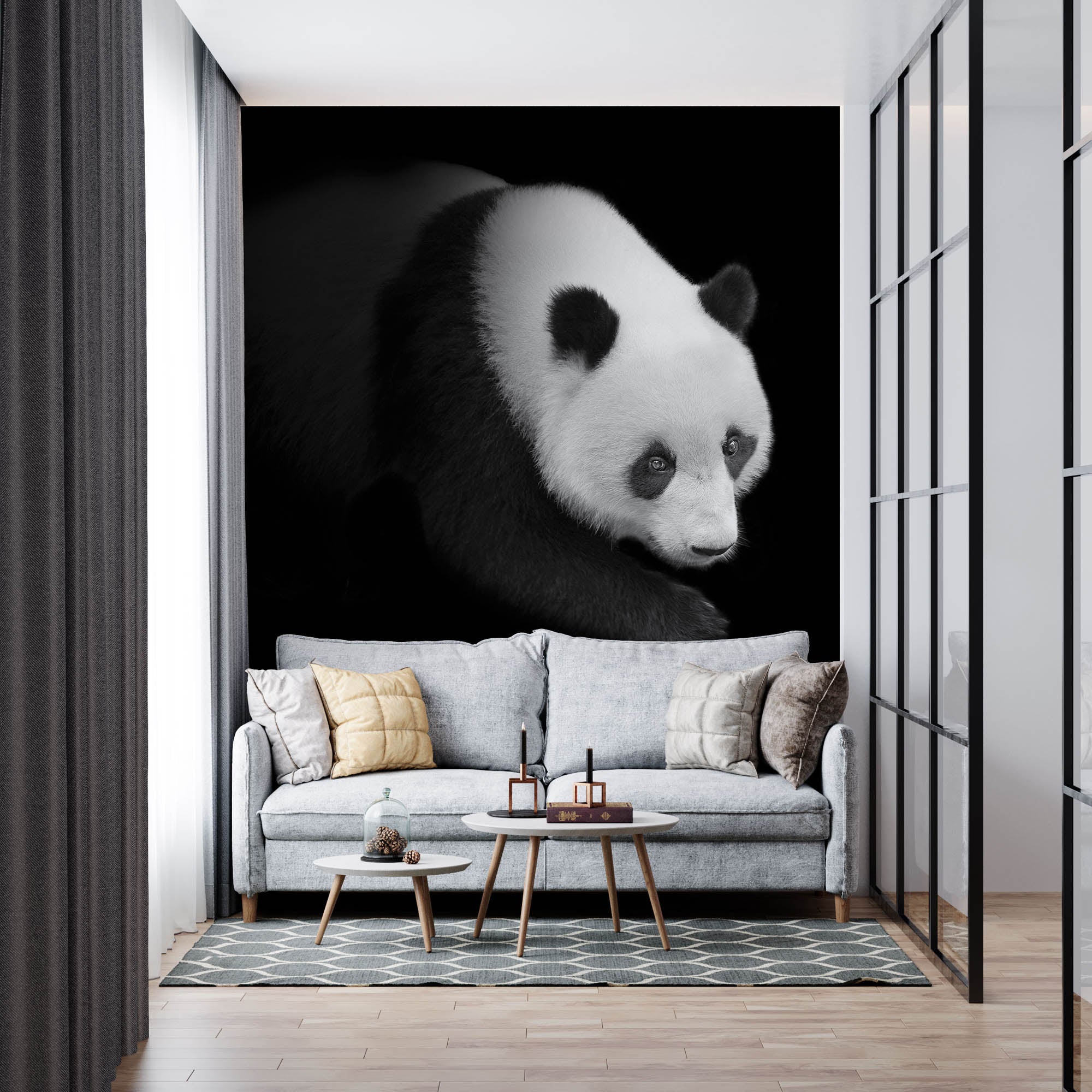 Pandabeer lopend vanuit het donker   - LW00240 Fotobehang