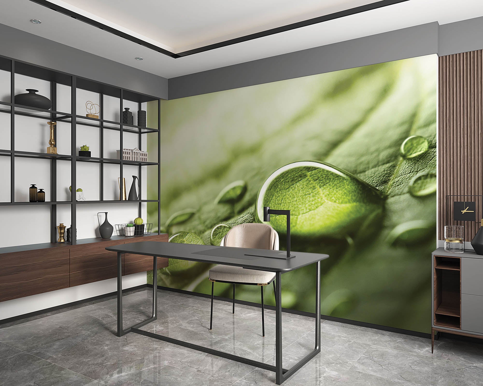 Regendruppels op groen blad - LW00280 Fotobehang