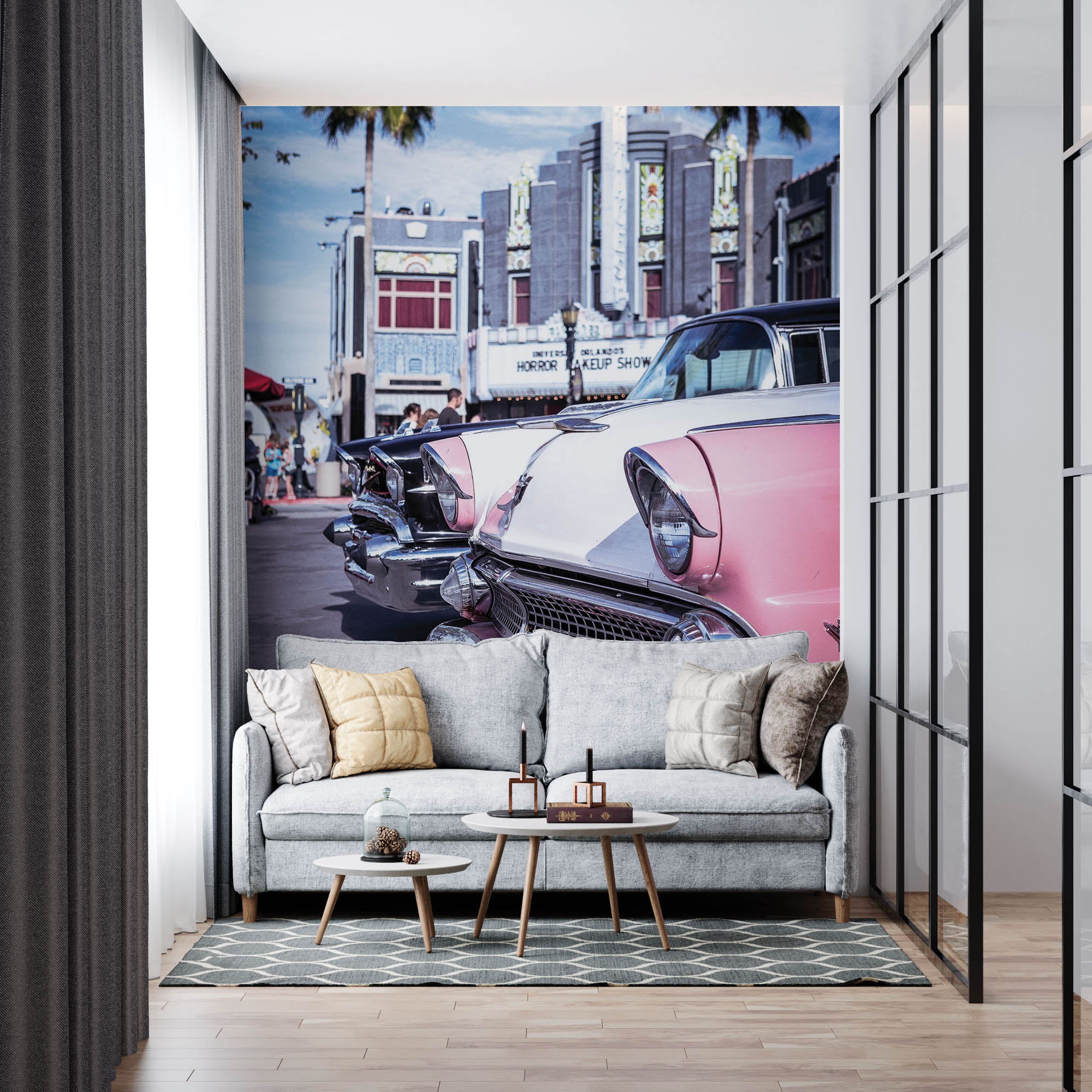Roze vintage auto's - LW00430 Fotobehang