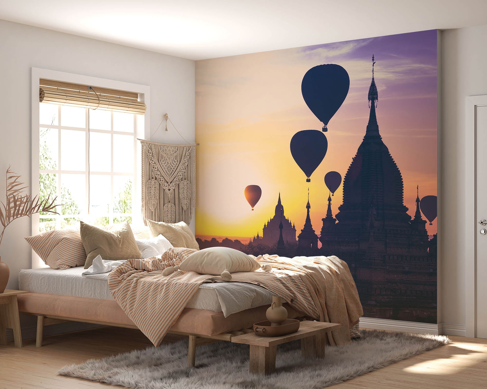 Silhouetten van Luchtballonnen bij een  Boeddhistische tempel - LW00061 Fotobehang