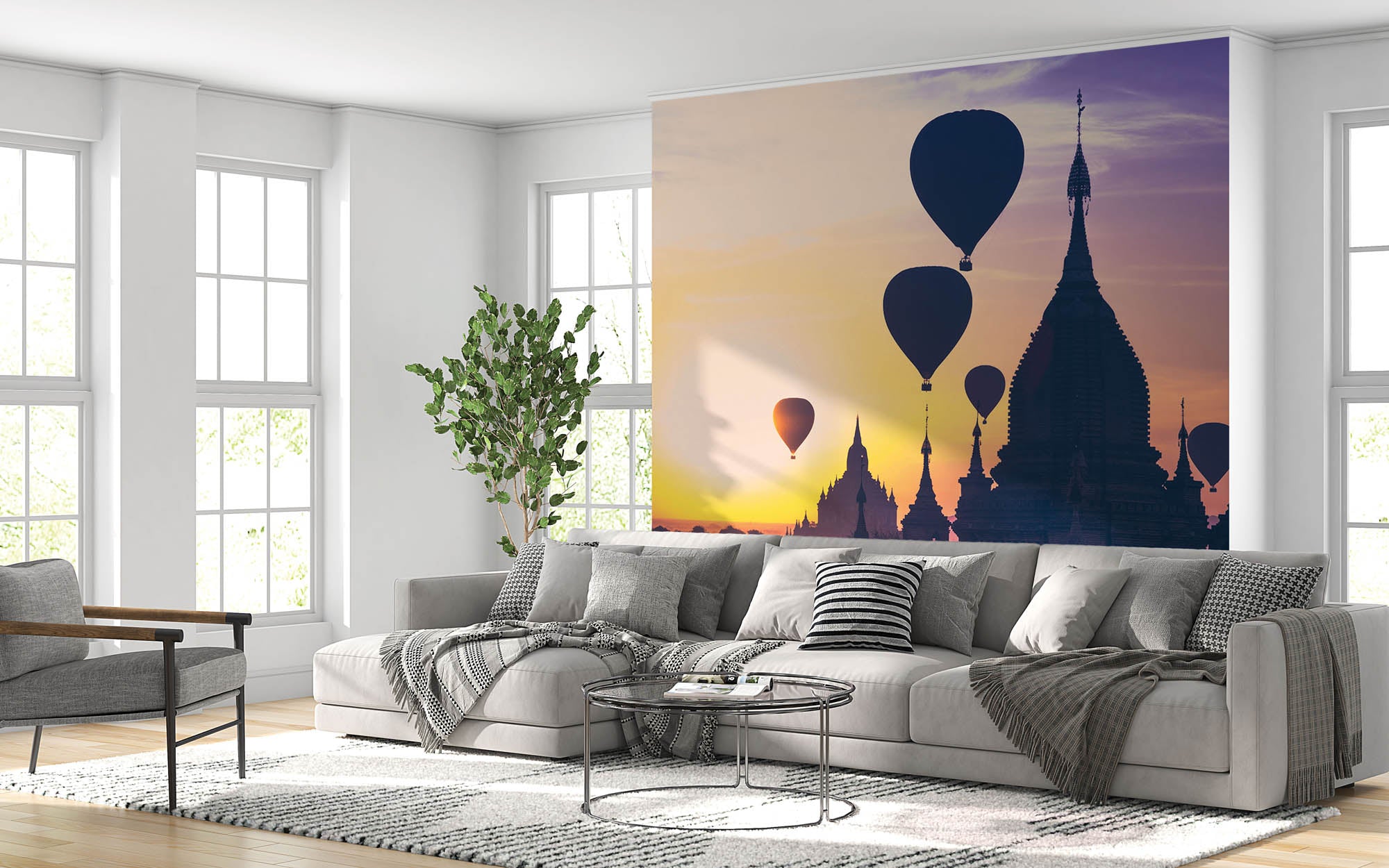 Silhouetten van Luchtballonnen bij een  Boeddhistische tempel - LW00061 Fotobehang