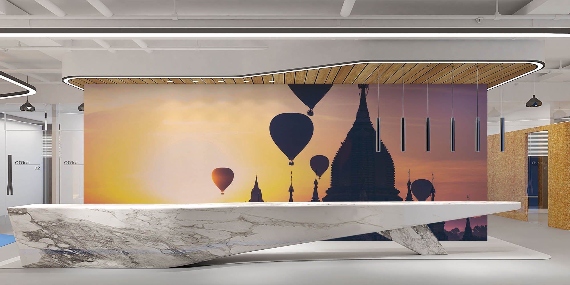 Silhouetten van Luchtballonnen bij een  Boeddhistische tempel - LW00061 Fotobehang