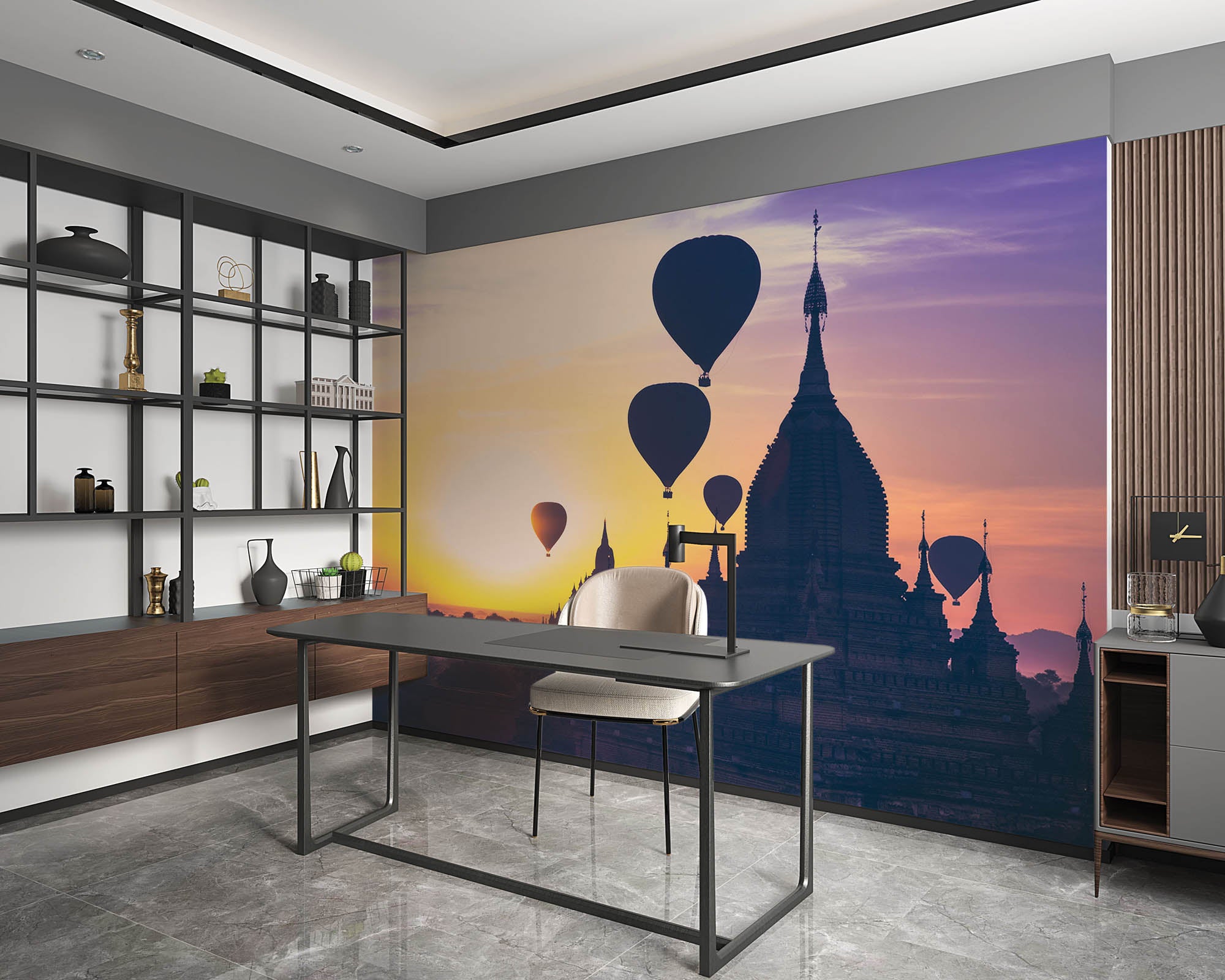 Silhouetten van Luchtballonnen bij een  Boeddhistische tempel - LW00061 Fotobehang