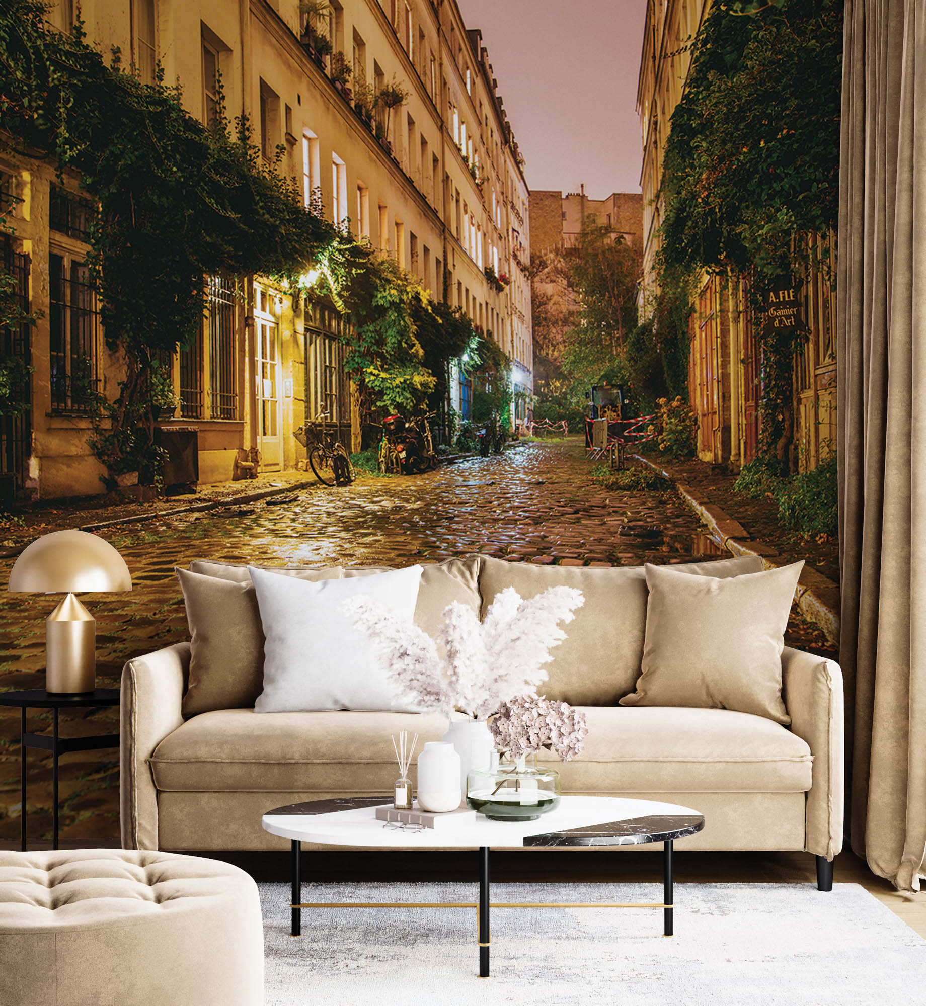 Straat in Parijs met een retro oude stenen weg - LW00372 Fotobehang