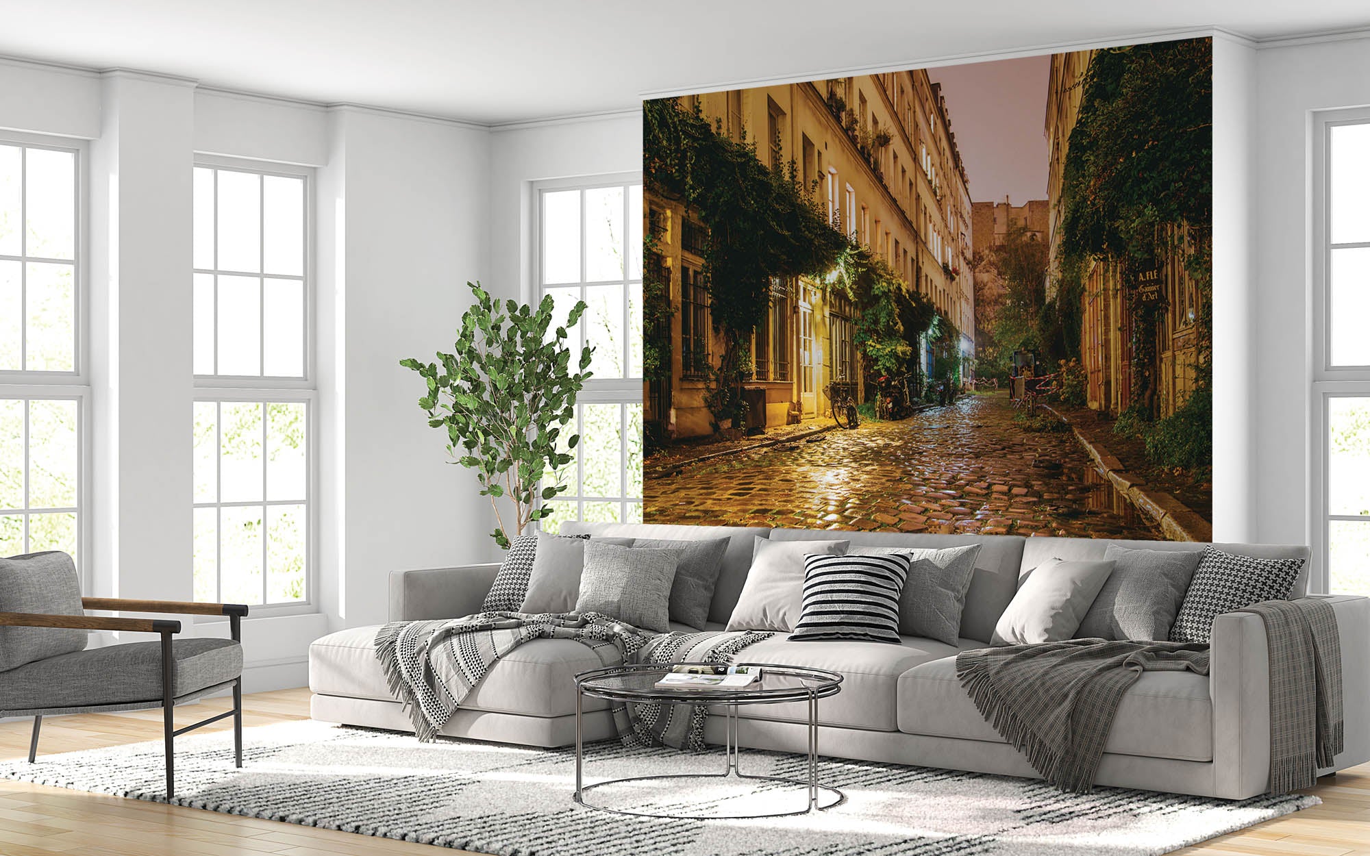 Straat in Parijs met een retro oude stenen weg - LW00372 Fotobehang