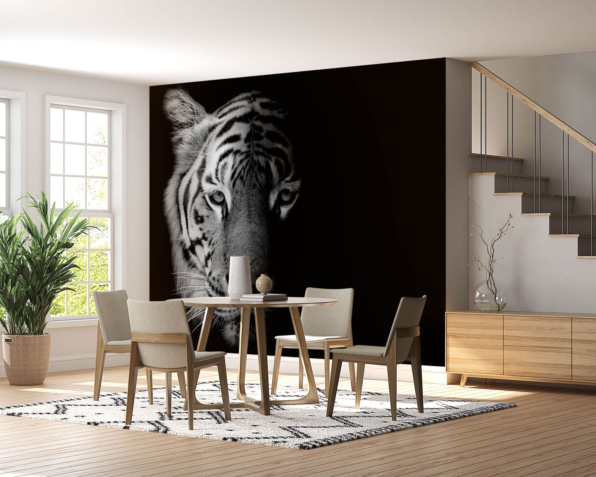 Tijger in zwart-wit tegen zwarte achtergrond - LW00226 Fotobehang