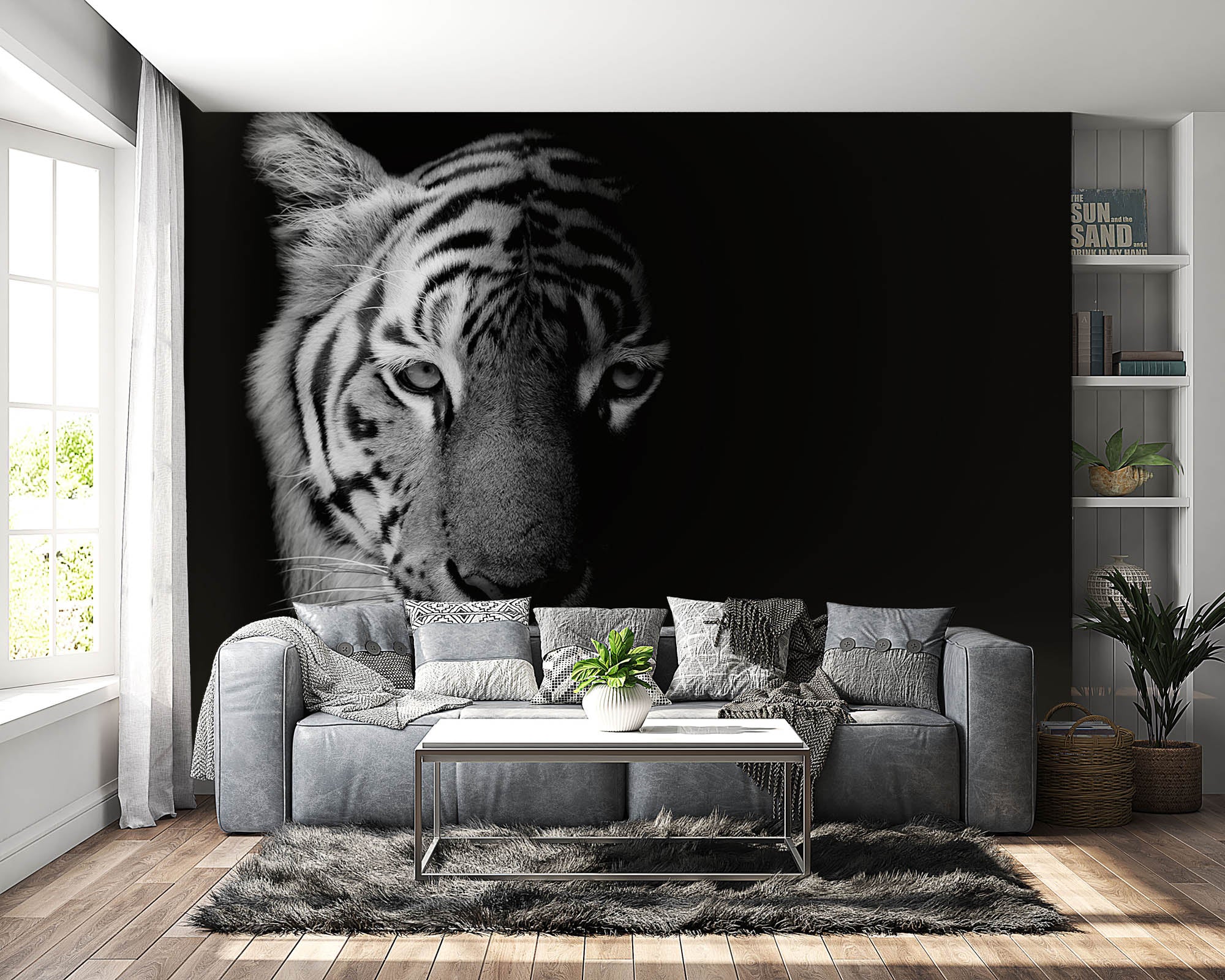 Tijger in zwart-wit tegen zwarte achtergrond - LW00226 Fotobehang