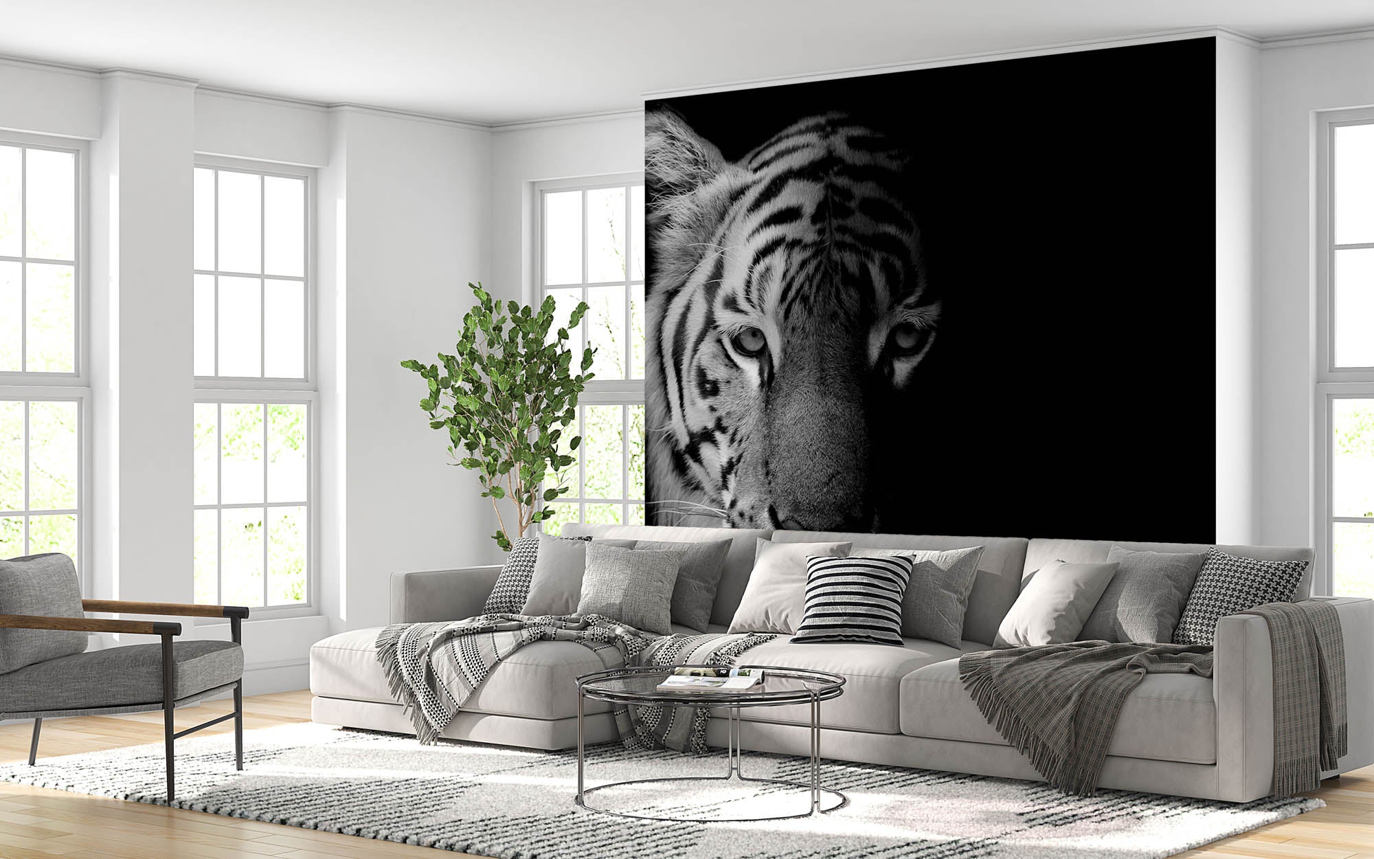 Tijger in zwart-wit tegen zwarte achtergrond - LW00226 Fotobehang