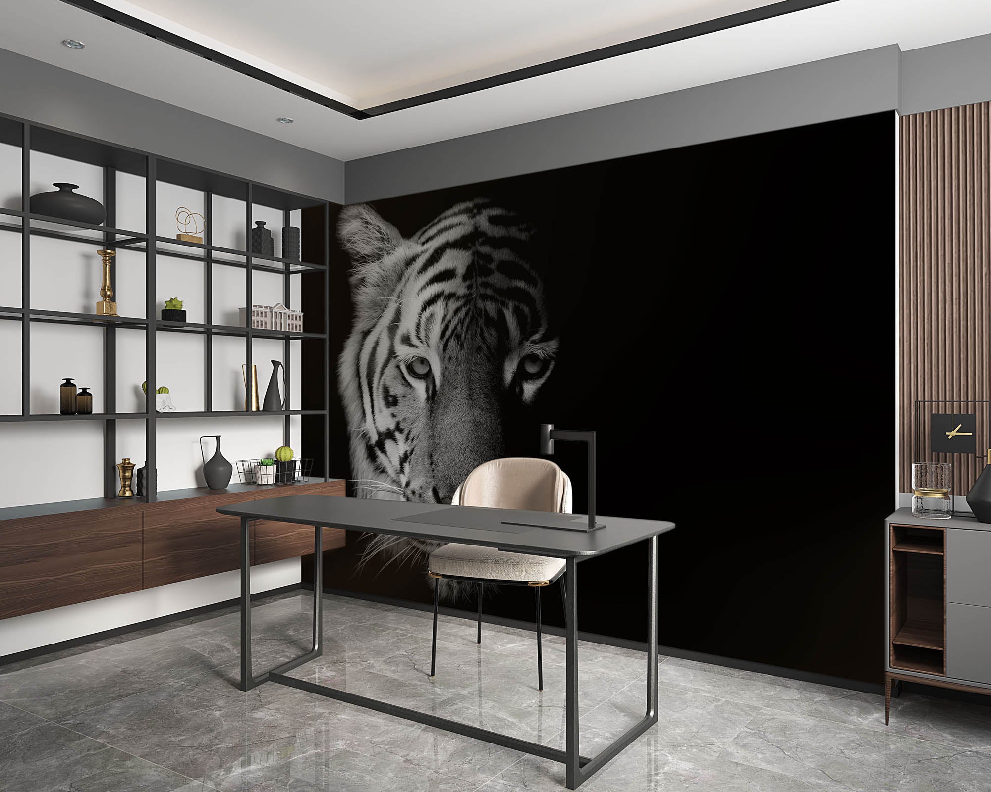 Tijger in zwart-wit tegen zwarte achtergrond - LW00226 Fotobehang