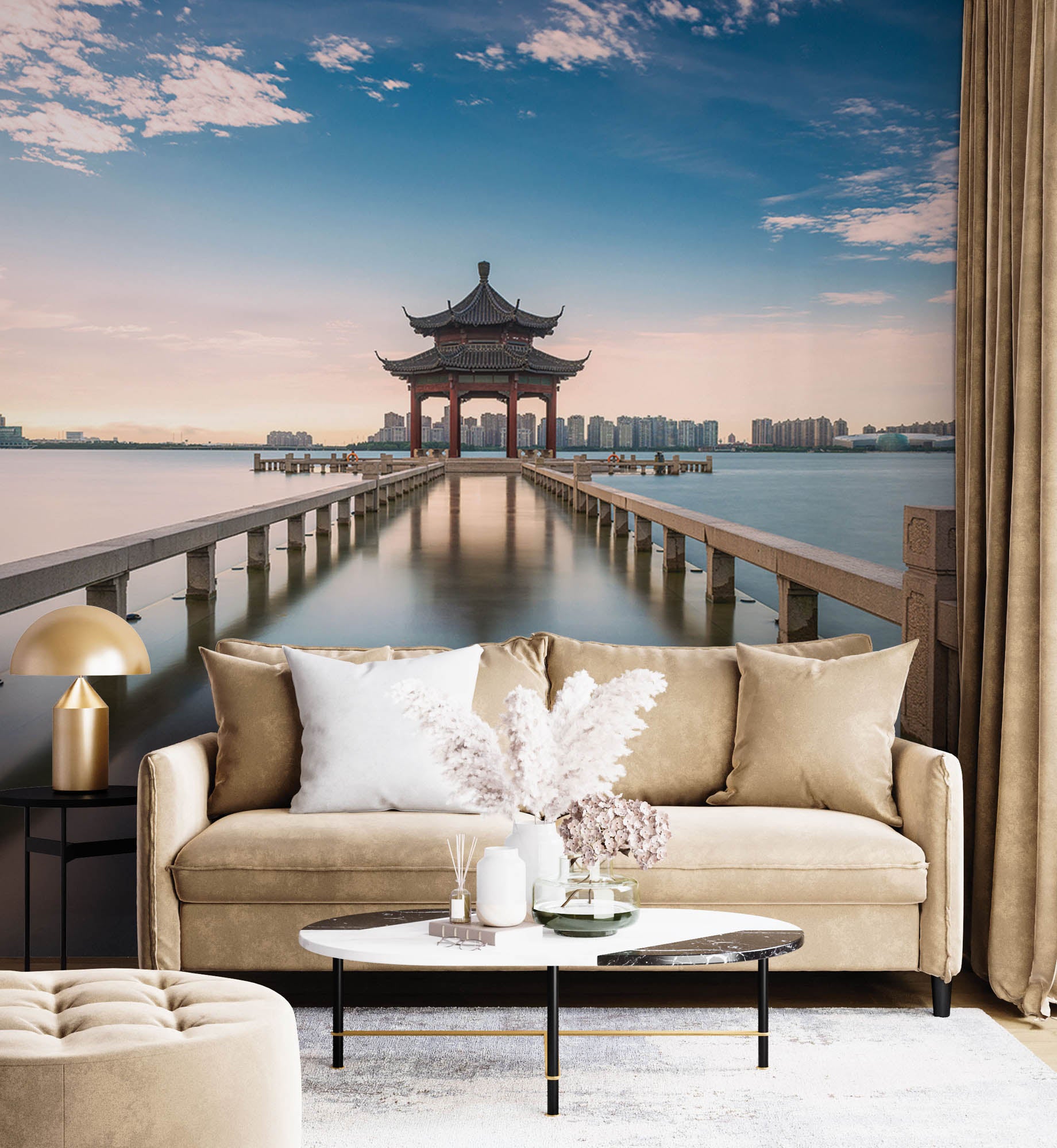 Uitzicht op tempel omringd door water - LW00071 Fotobehang