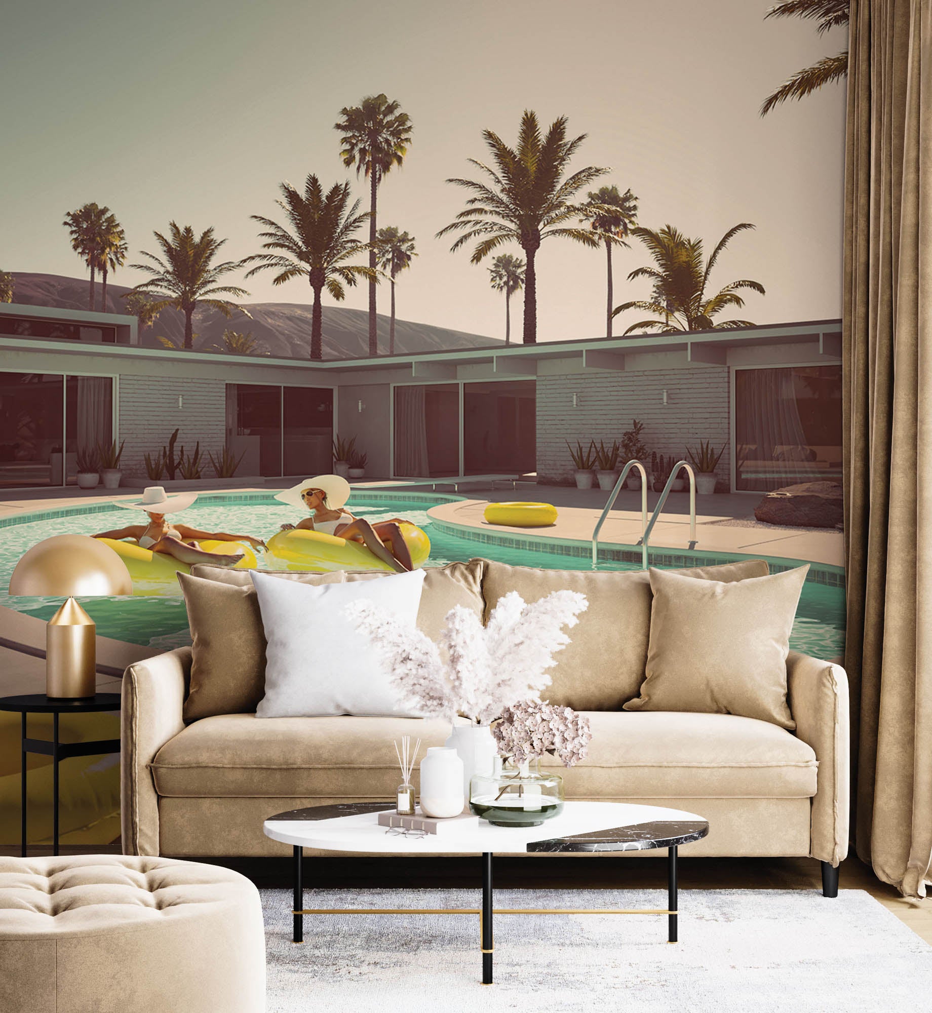 Vintage foto zwembad - LW00443 Fotobehang