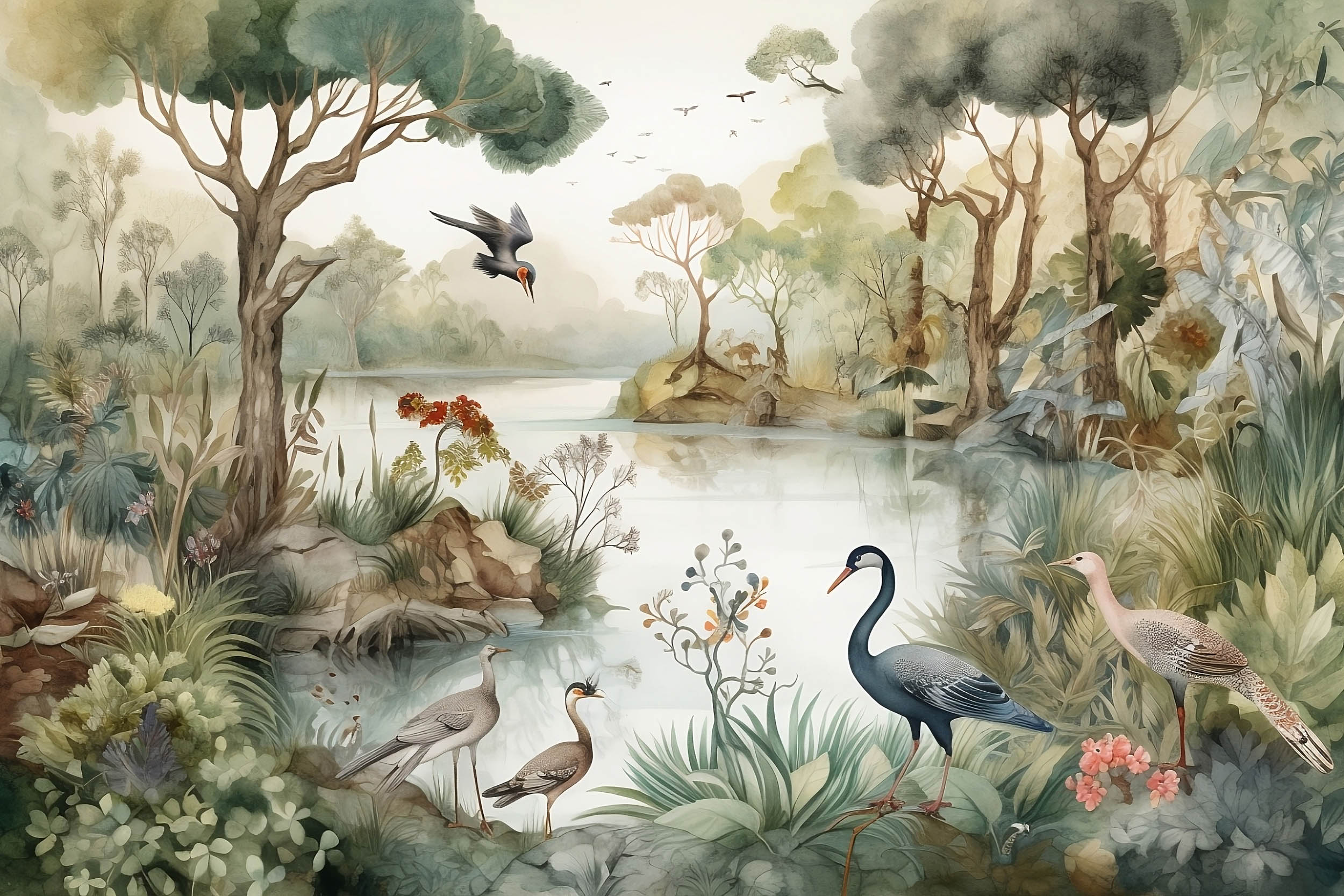 Vintage Rivierlandschap met Vogels Illustratie - LW00838