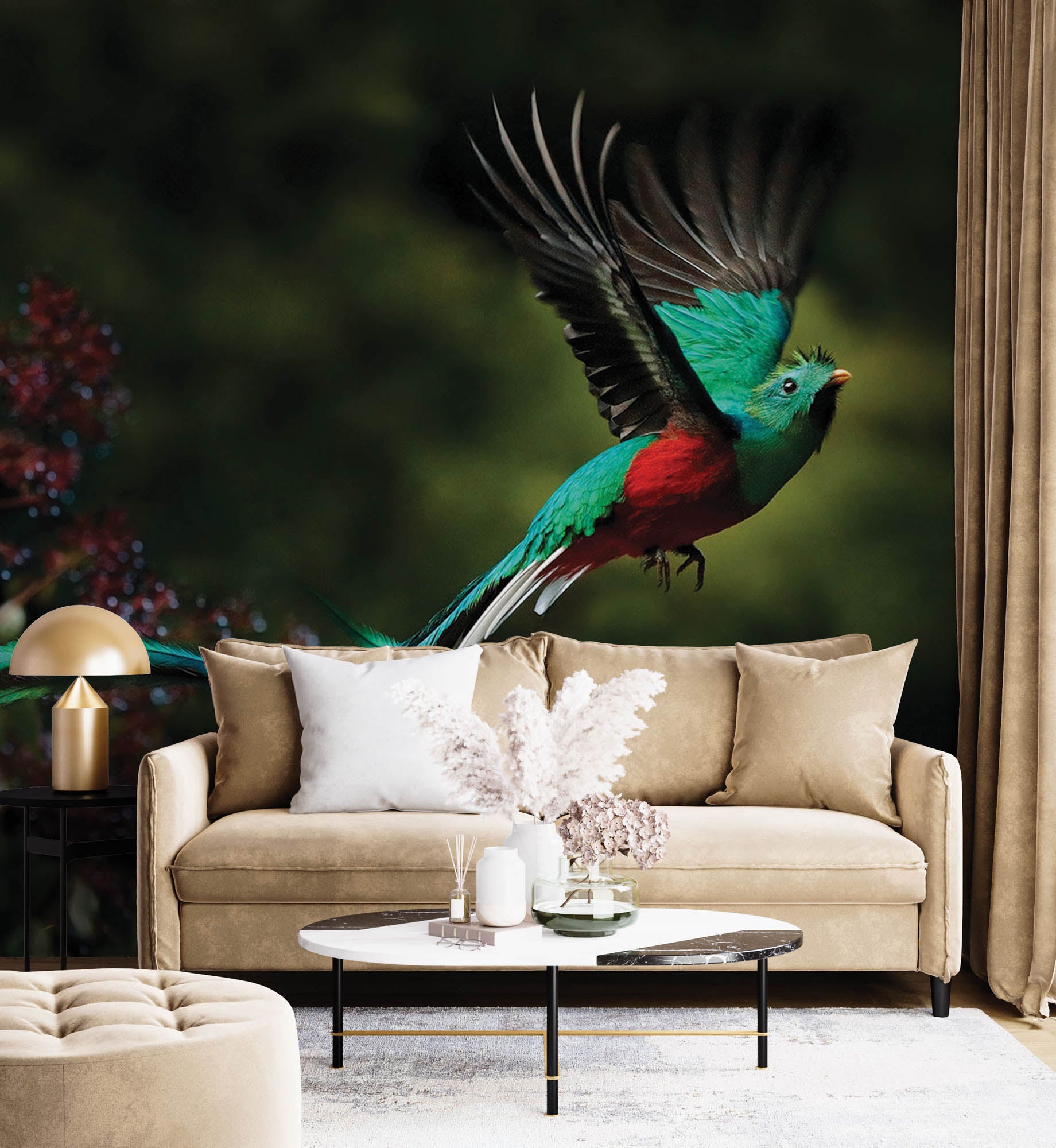 Vliegende vogel in groen-rood  - LW00178 Fotobehang