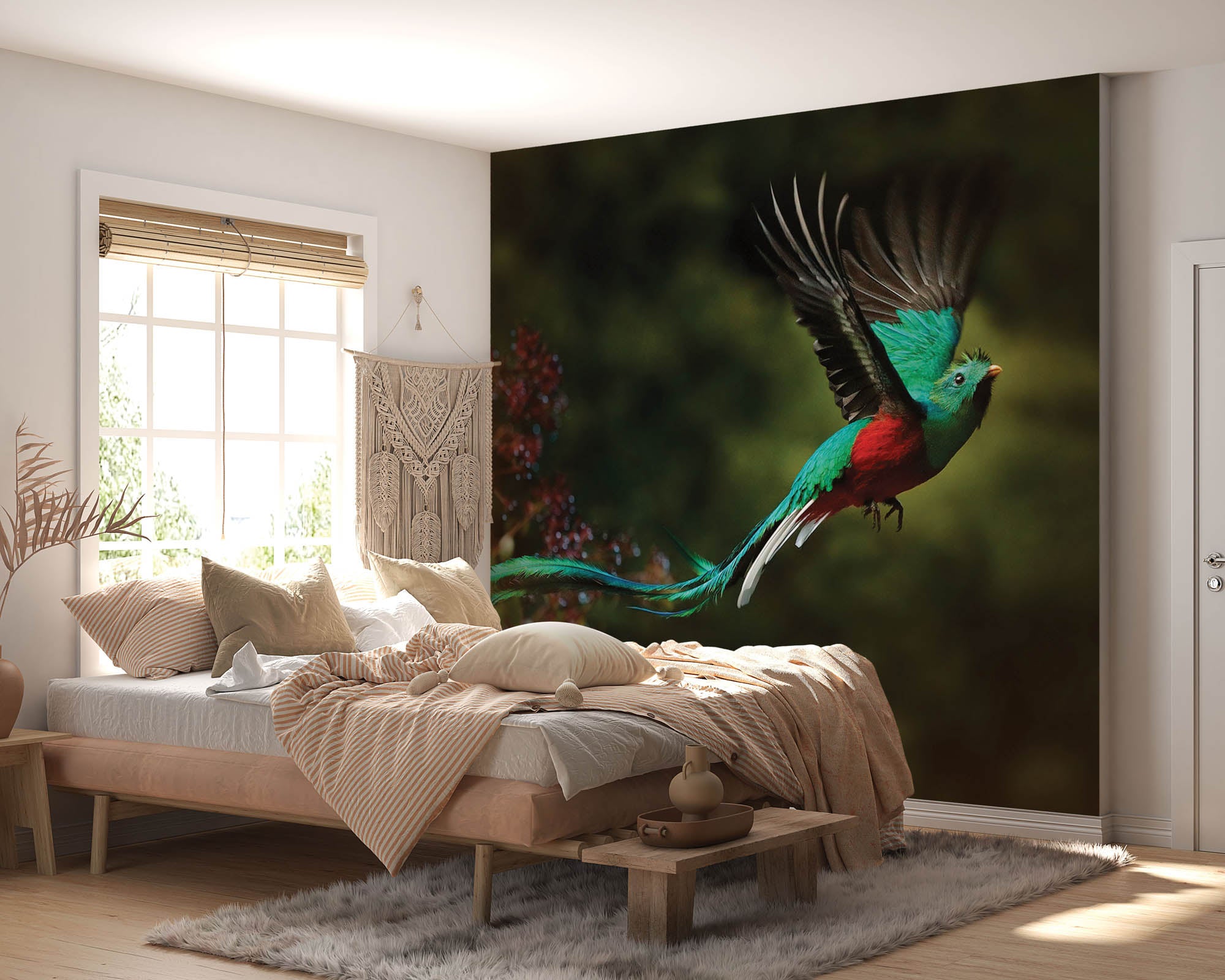 Vliegende vogel in groen-rood  - LW00178 Fotobehang