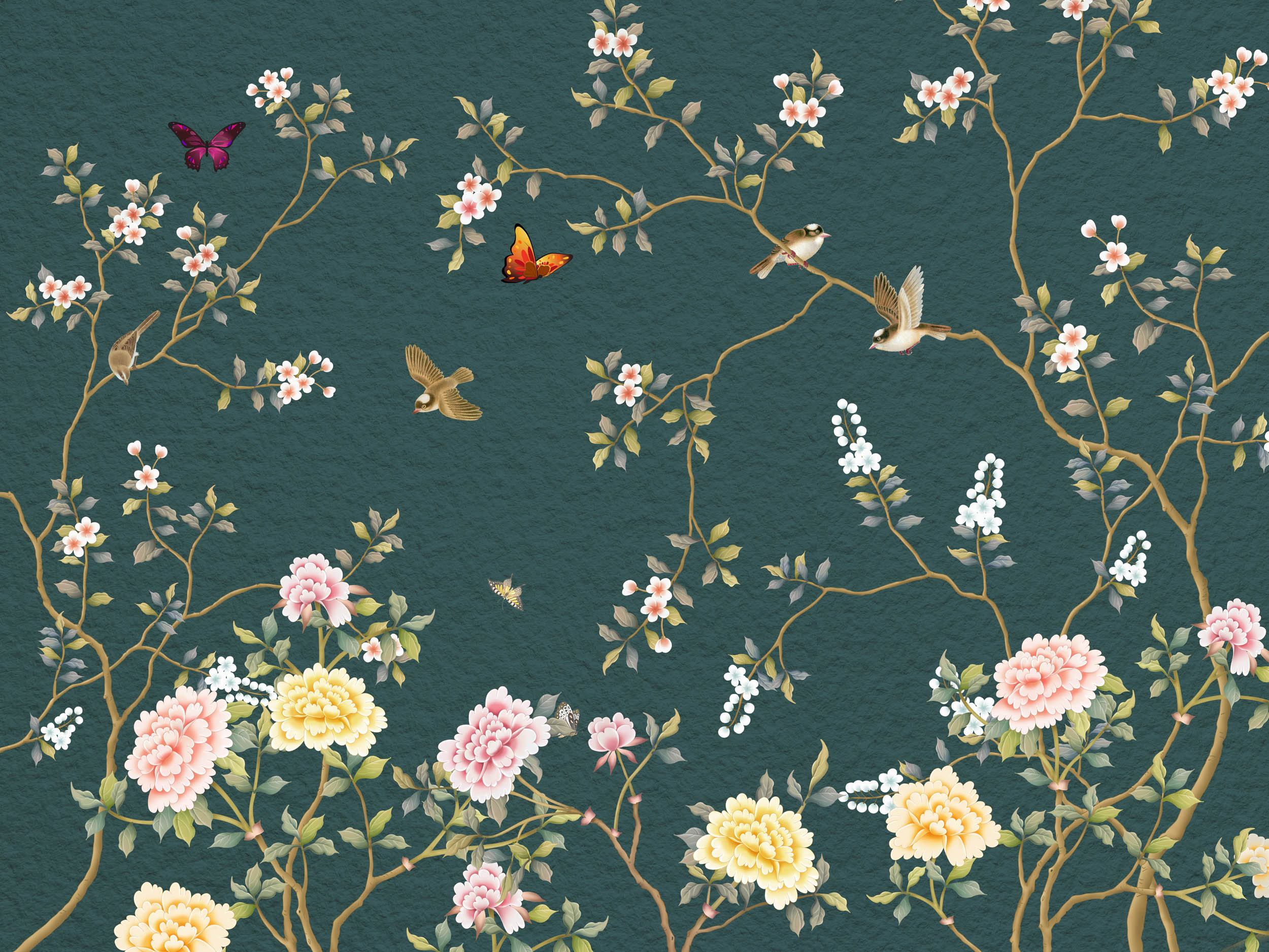 Vogels en Vlinders op Bloeiende Takken - LW00577 Fotobehang