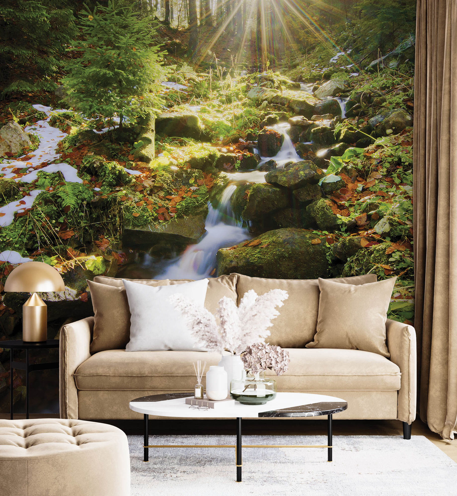 Waterval met de zon schijnend door de bomen  - LW00250 Fotobehang