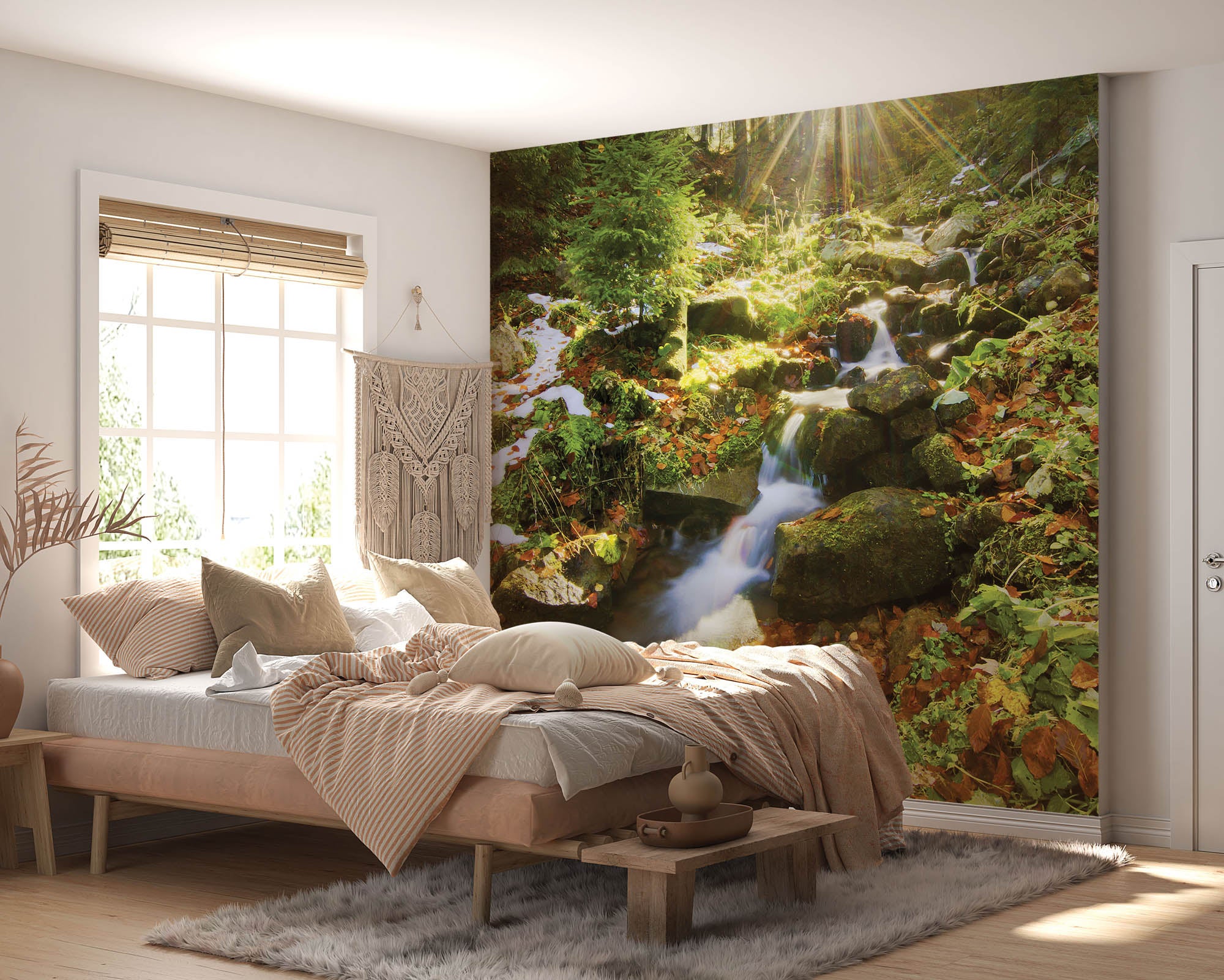 Waterval met de zon schijnend door de bomen  - LW00250 Fotobehang