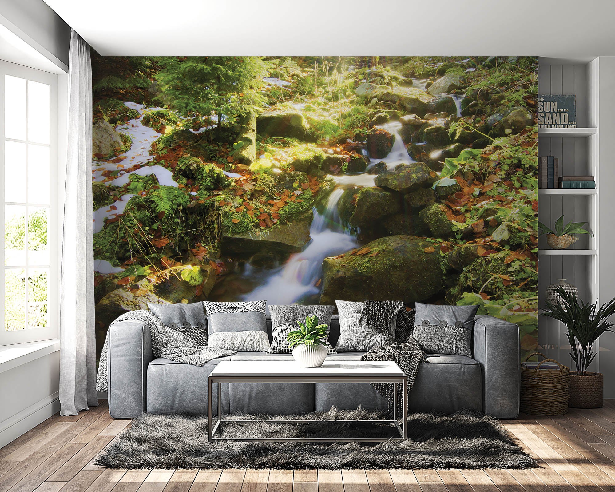 Waterval met de zon schijnend door de bomen  - LW00250 Fotobehang