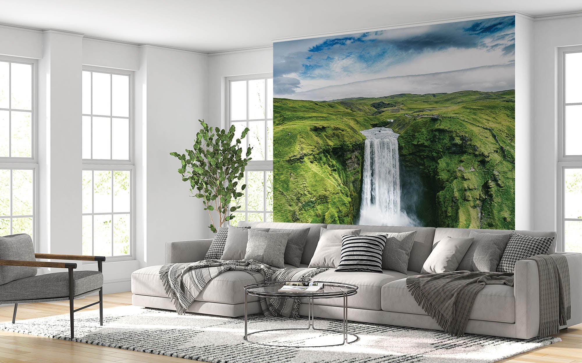 Waterval omringd door groen gebergte - LW00283 Fotobehang