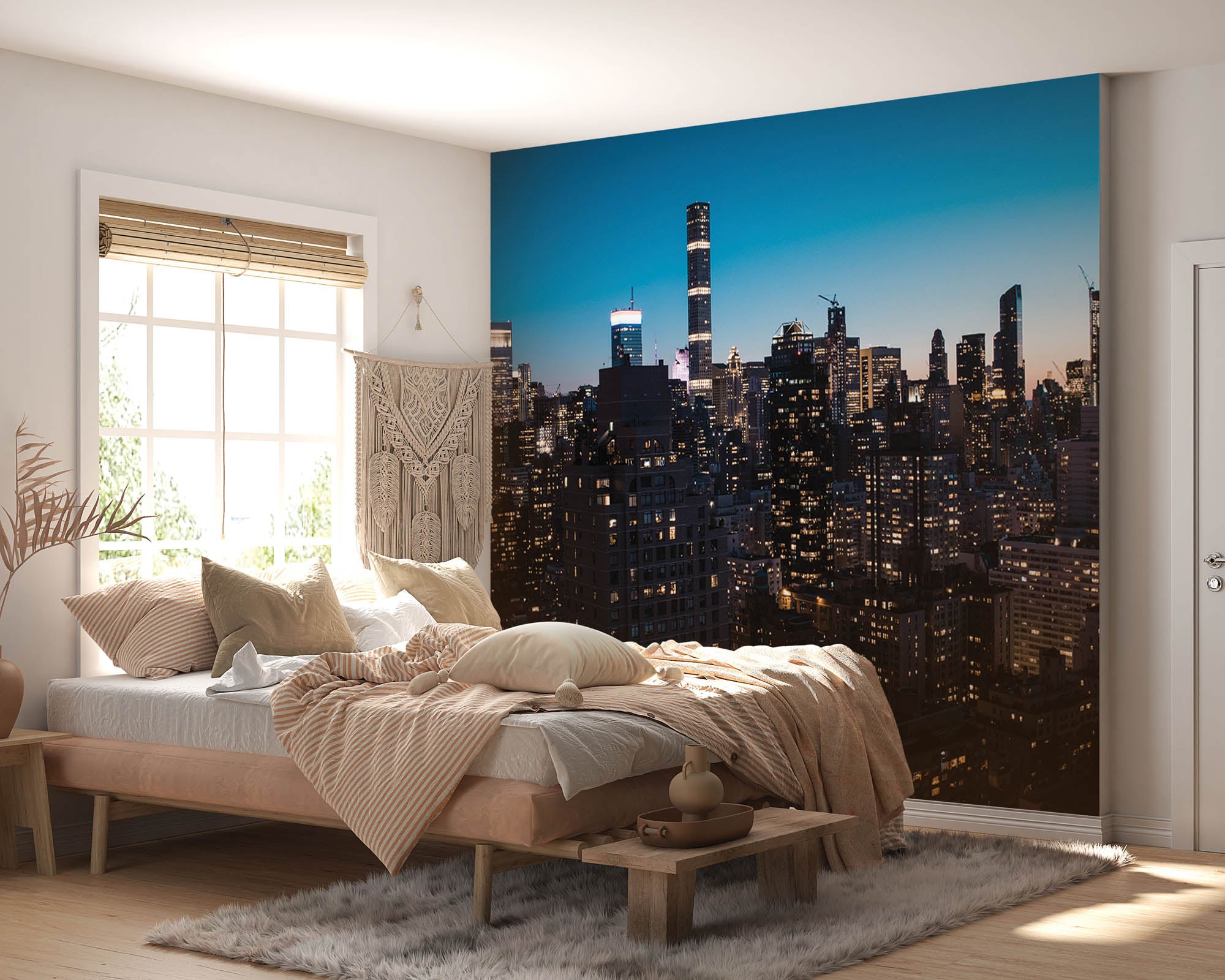 Wolkenkrabbers verlicht bij zonsondergang New York - LW00342 Fotobehang