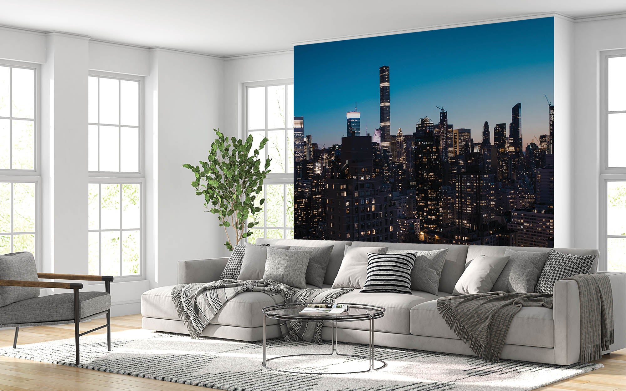 Wolkenkrabbers verlicht bij zonsondergang New York - LW00342 Fotobehang