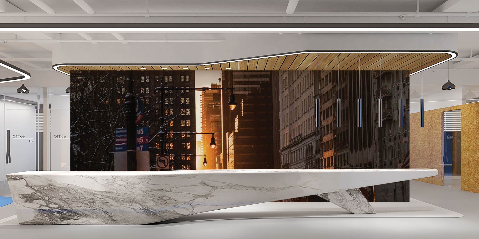 Zon schijnend door gebouwen New York - LW00335 Fotobehang