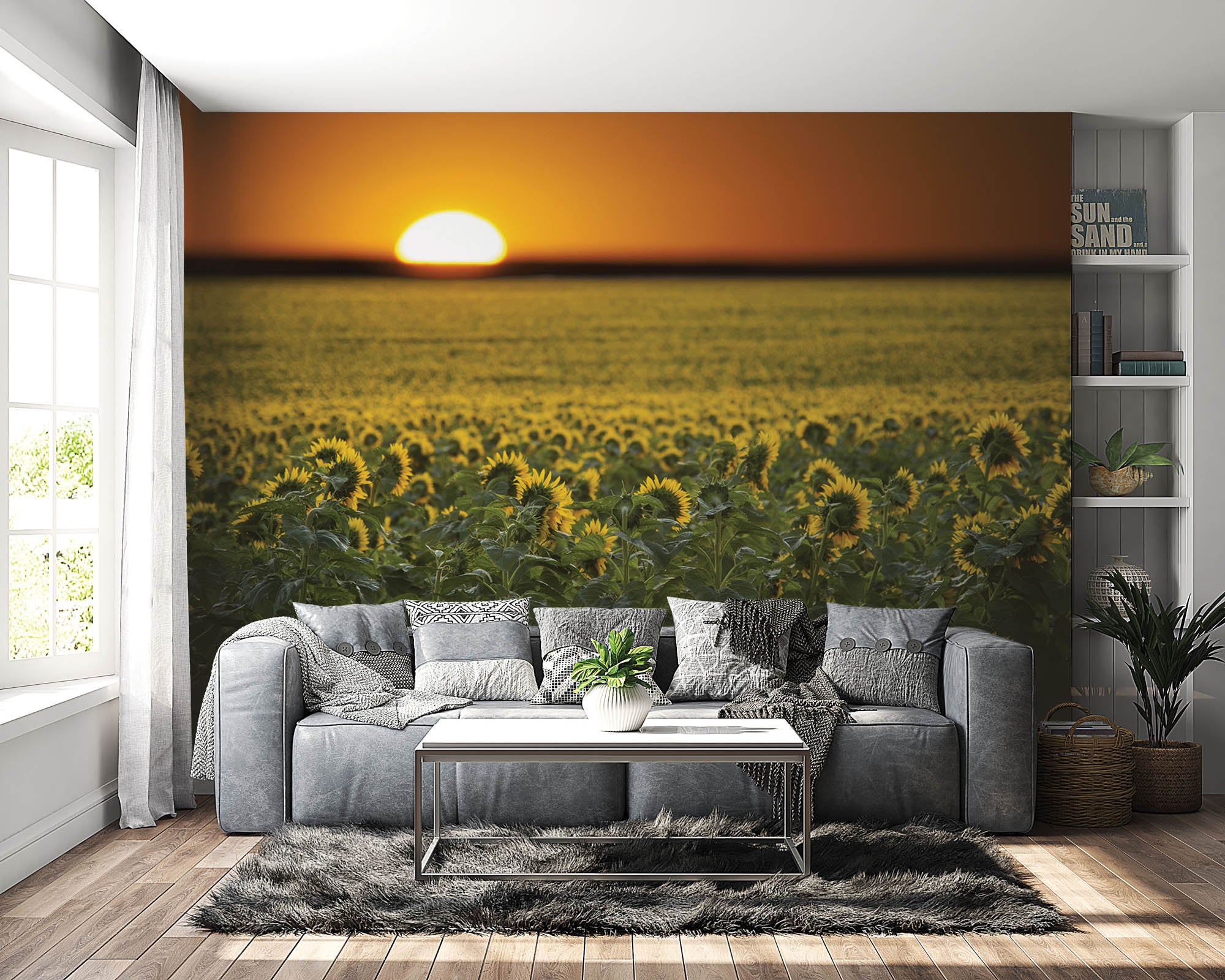 Zonnebloemenveld en zonsopgang  - LW00253 Fotobehang