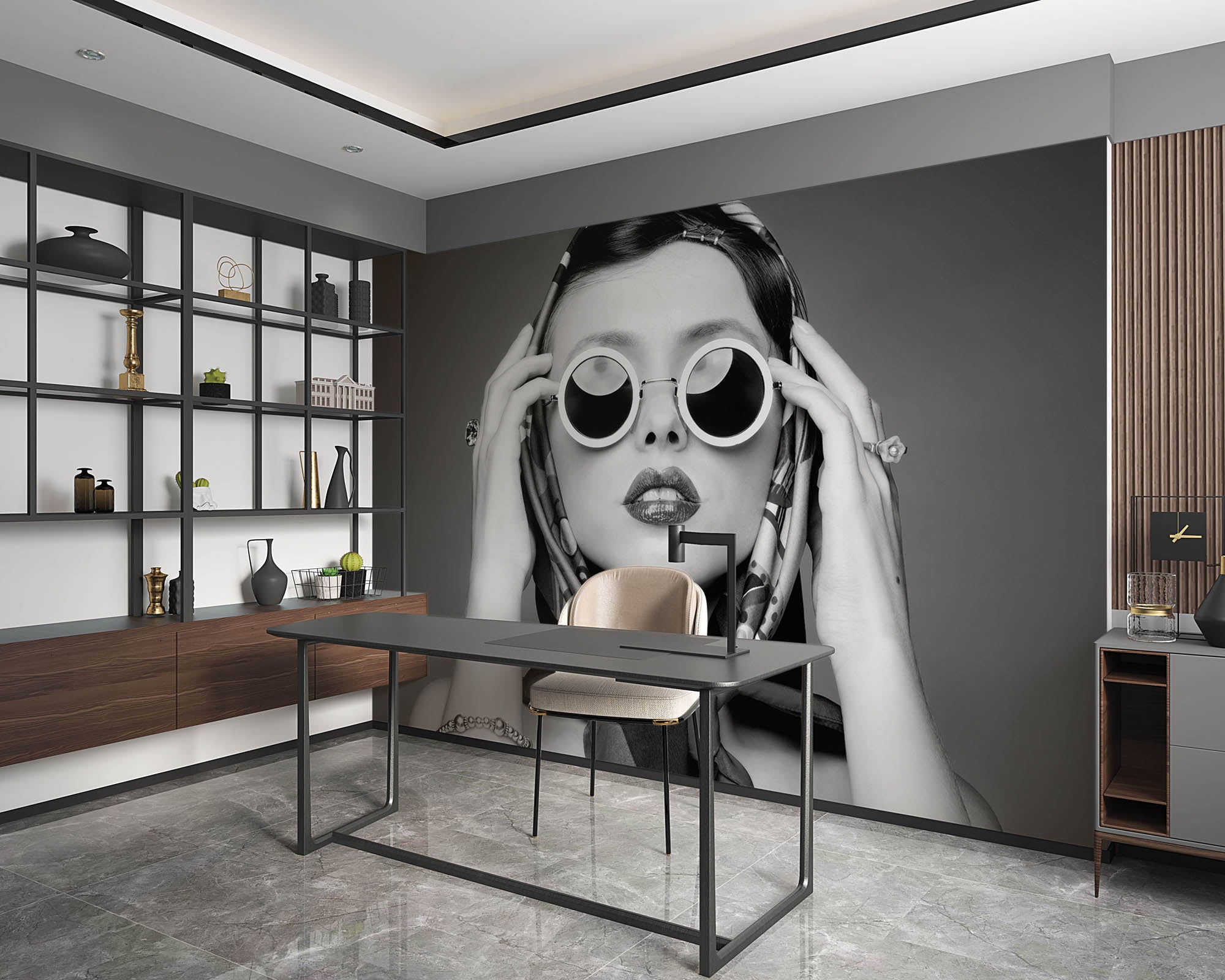 zwart-wit foto van een gezicht vrouw - LW00407 Fotobehang